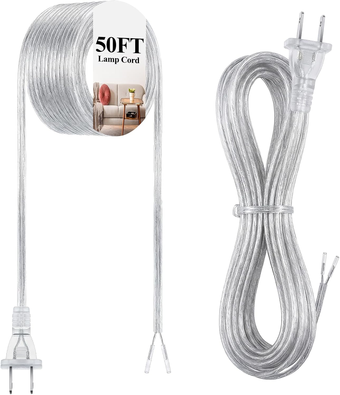 Lamp Cord with End Plug Replacement Electric Lamp Wire Clear 18/2 SPT-1 Wire Stripped End Ready for Wiring Repair Part for Table Floor Lighting Fixture (50ft,Clear Silver)