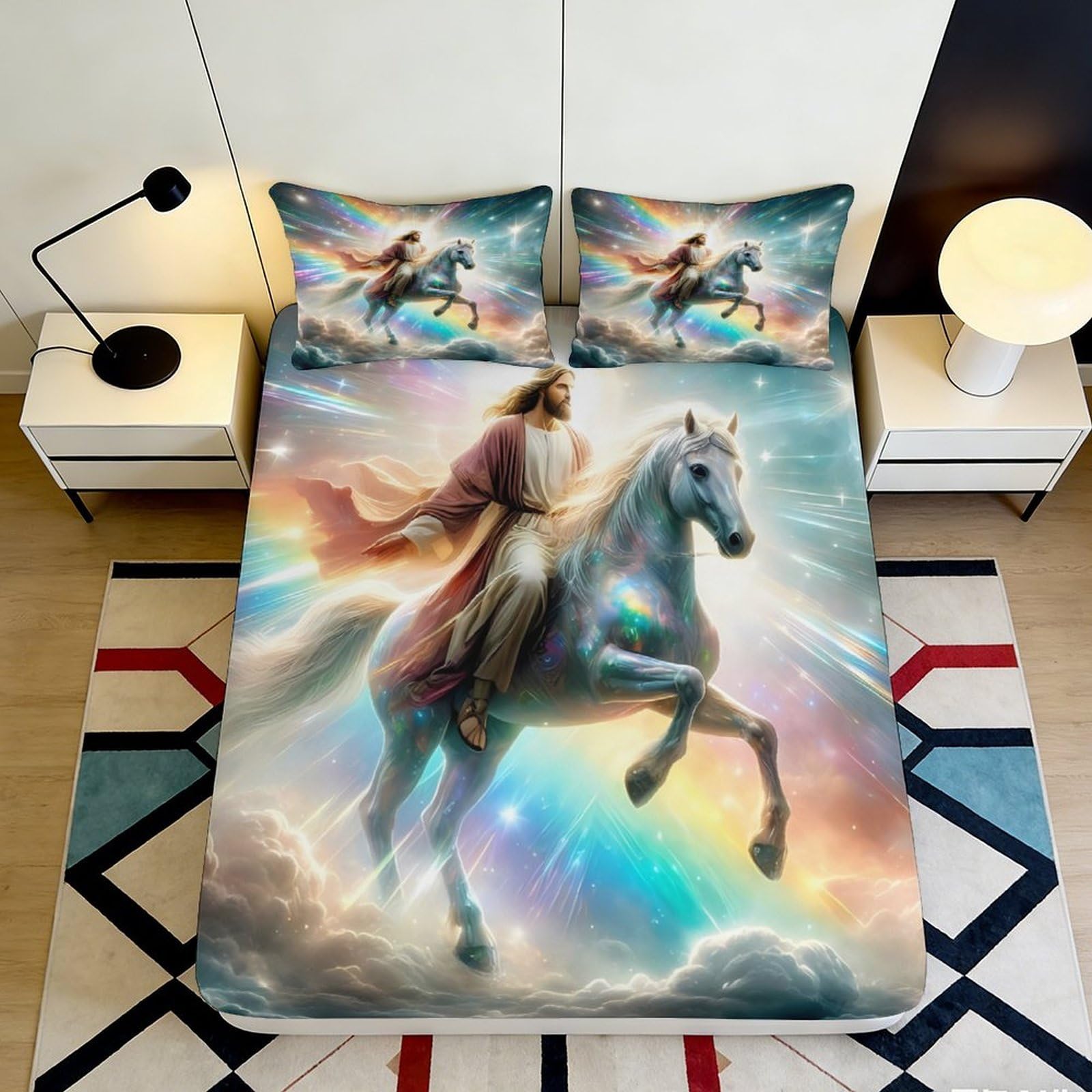 3D Printed Rainbow Jesus Fitted Sheet Microfiber Soft Breathable Spiritual Horse Bed Cover for Bedroom Dormitory Guest Room Mattress Protection Decor 140x200x25cm