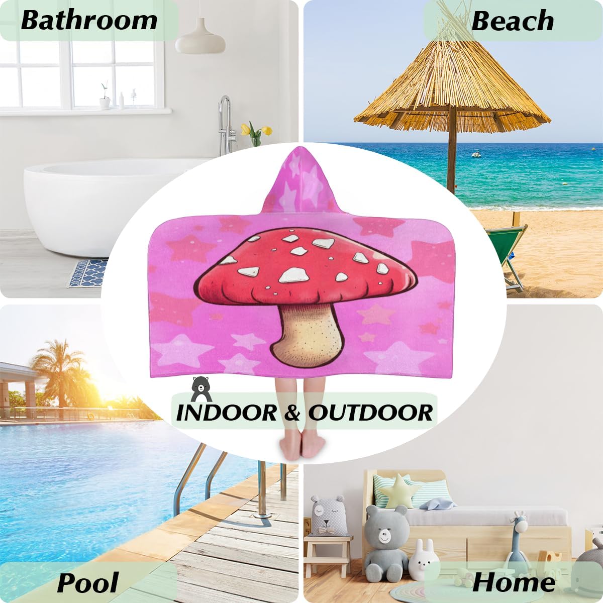 Pardick Kids Bath Towel Cute Mushroom Beach Towel with Hood Pool Cover Up for Girls Boys Soft Absorbent Hooded Bath Towel Toddler Towels for Beach, Pool