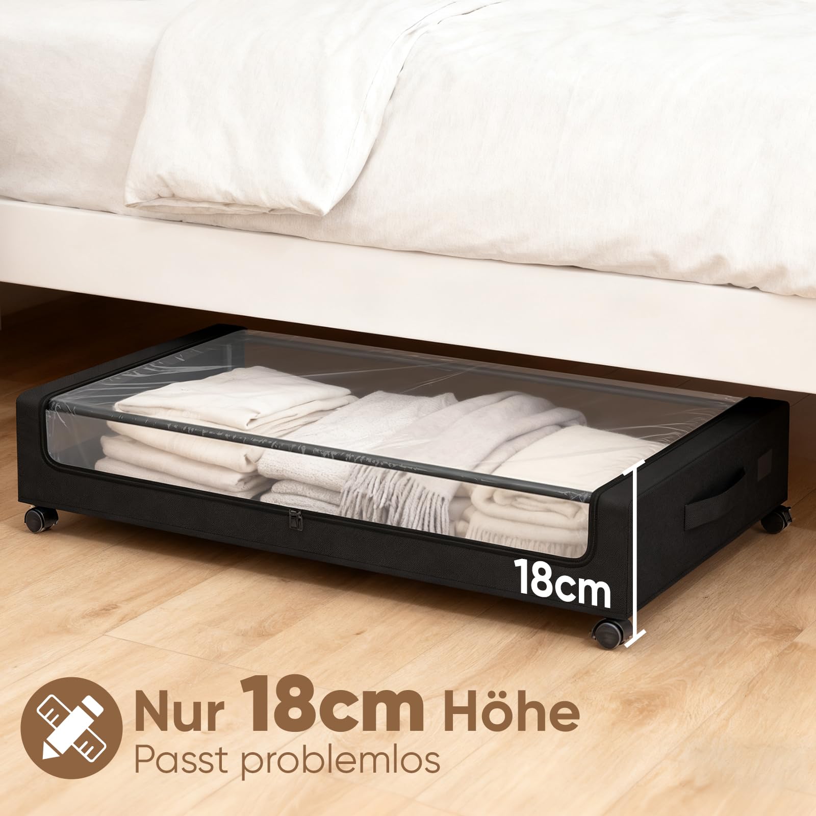 Sekey 2 Stück 50L Unterbett-Aufbewahrungsbox mit Rollen, Kleiderschrank Organizer Aufbewahrungstasche, Metallrahmen & Durchsichtigem Deckel, Rollbare Bettkasten für Kleidung/Bettwäsche, Schwarz