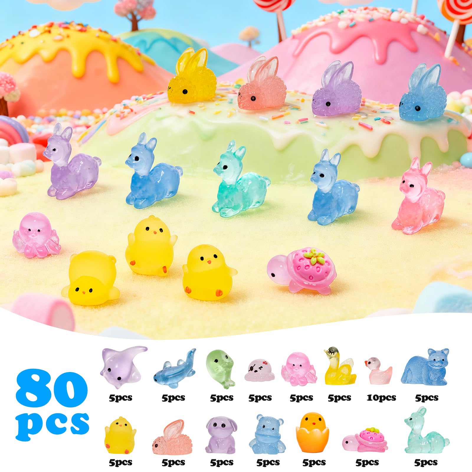 80 sztuk mini figurek, 15 różnych mini zwierząt z żywicy, malutkie świecące figurki zwierząt, zestaw kolorowych małych zwierząt, dekoracja do DIY mikrokrajobrazów, sceny akwarium, dekoracje