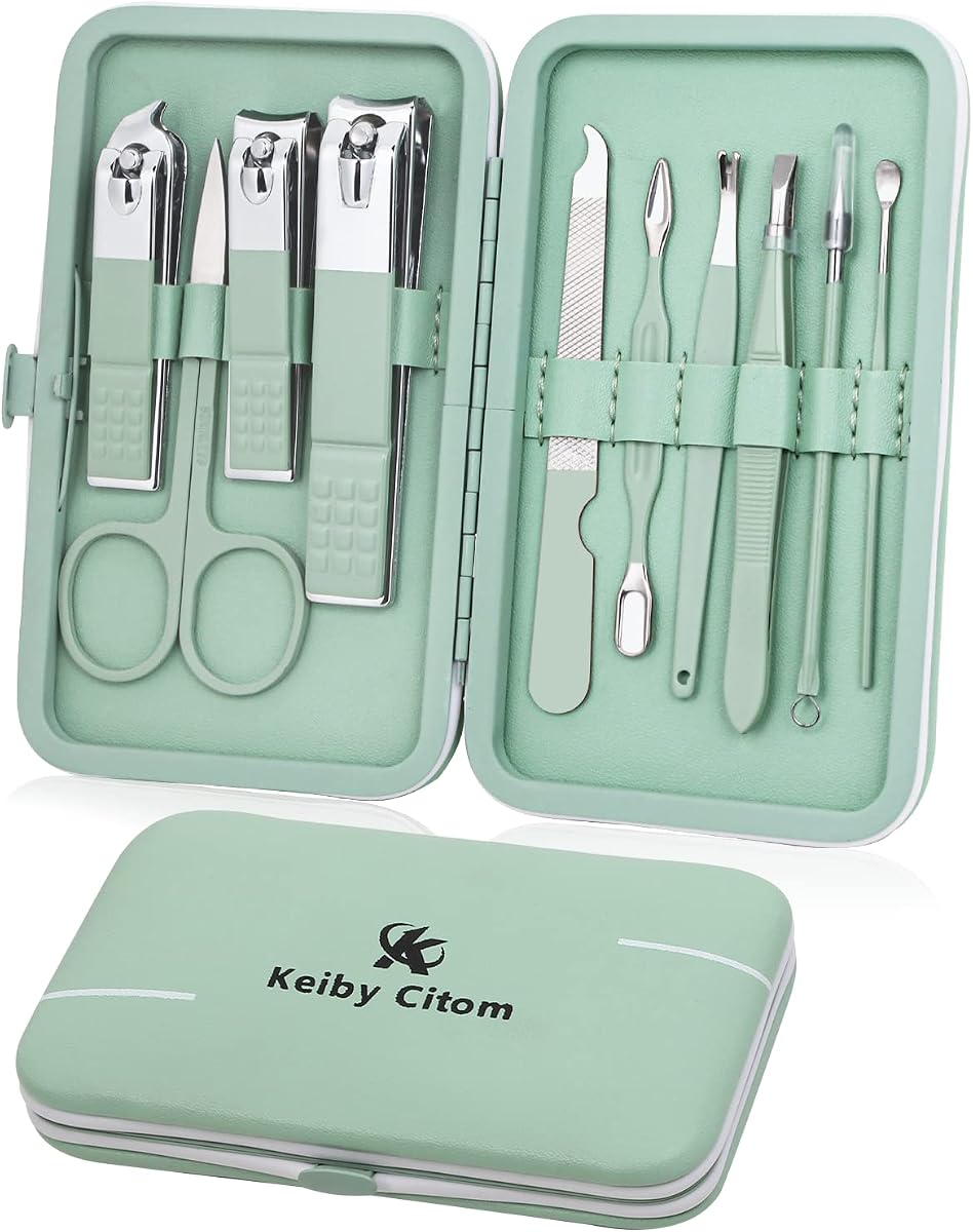 Juego de manicura, mini cortaúñas de viaje, herramientas de cuidado de pedicura, kit de aseo de acero inoxidable de 10 piezas (verde)