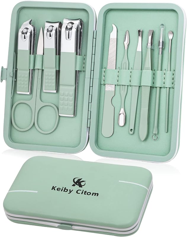 Juego de manicura, mini cortaúñas de viaje, herramientas de cuidado de pedicura, kit de aseo de acero inoxidable de 10 piezas (verde)