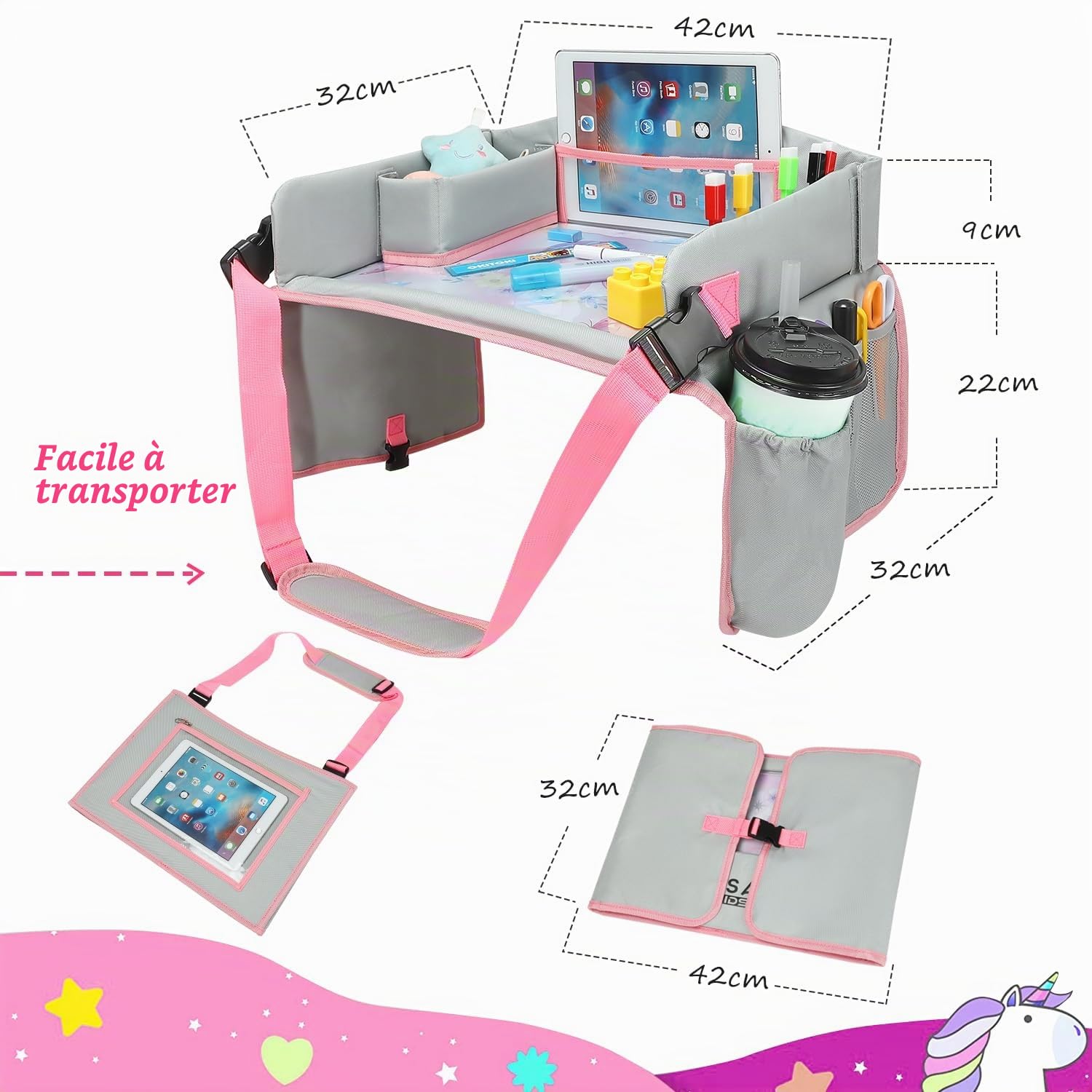 Plateau de Voyage pour voiture et avion - Table d'activités portable avec Support pour Tablette et Couverture de Protection - Organisateur de Voiture Imperméable et Pliable