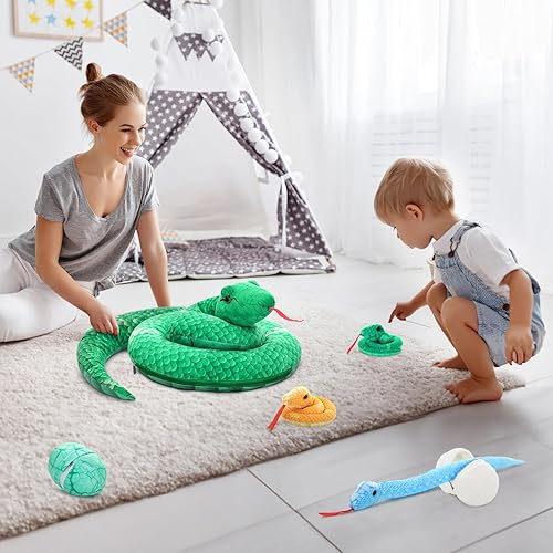 Vista 7 de MorisMos Giant Snake Stuffed Animal Mommy with Babies & Eggs,Realistic Stuffed Snake Plush Toys for Kid Girl Boy 3 5 7 8 12,Long Green Boa Serpiente