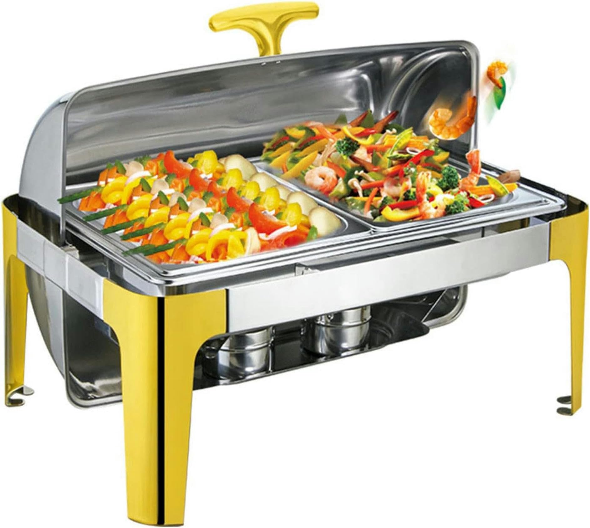 Chafing Dish in Acciaio Inossidabile, Vassoio riscaldante per Buffet Placcato Oro da 9 Litri con Coperchio Girevole a 180° e Porta-combustibile, per cene, Feste, Matrimoni, Eventi