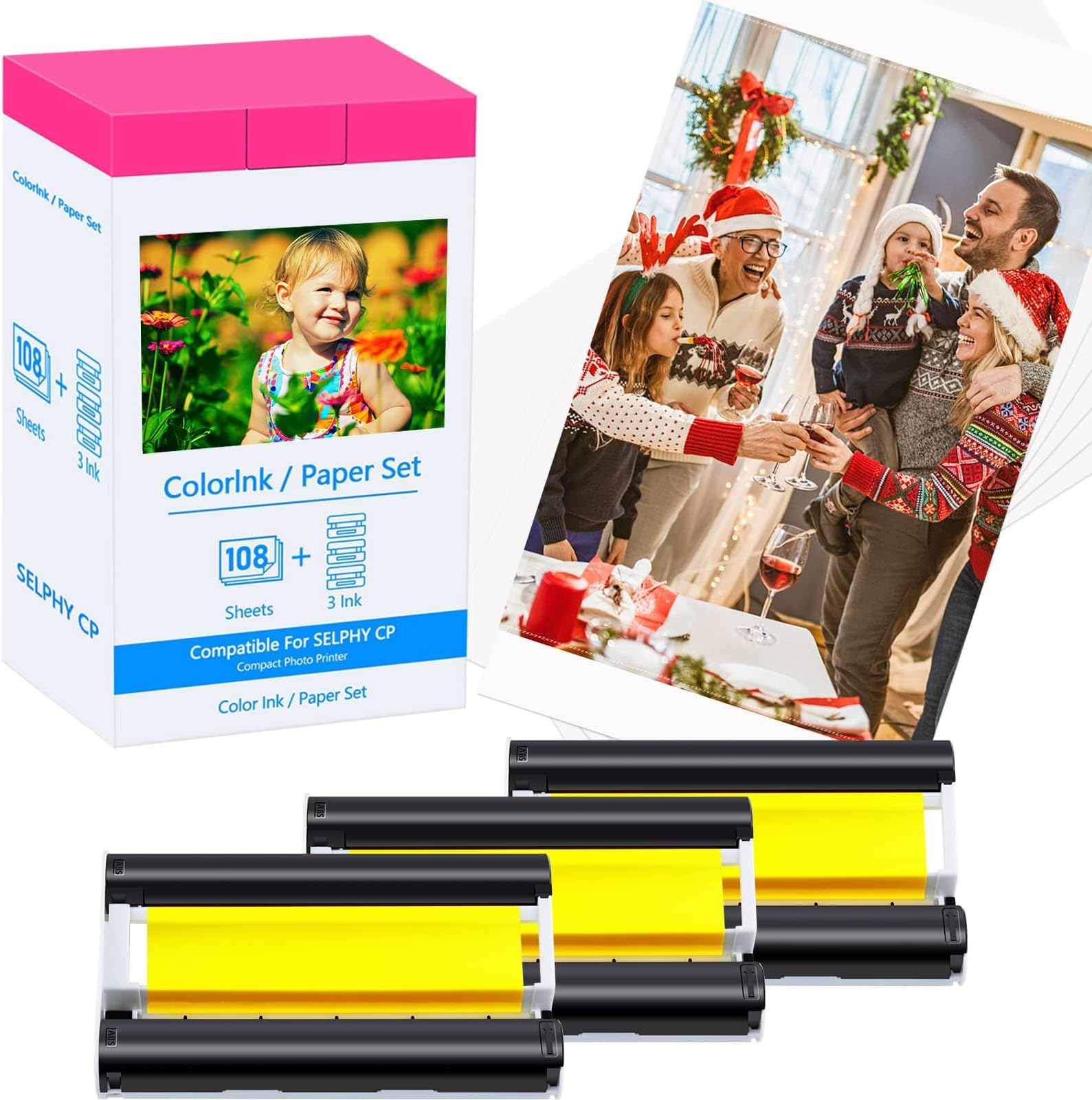 Compatible for Canon Selphy CP1500 CP1300 Ink and Paper Set KP-108IN KP108 3 Color Ink Cartridge and 108 Sheets 4x6 Photo Paper for Selphy CP1200 CP910 CP740 Compact Photo Printers