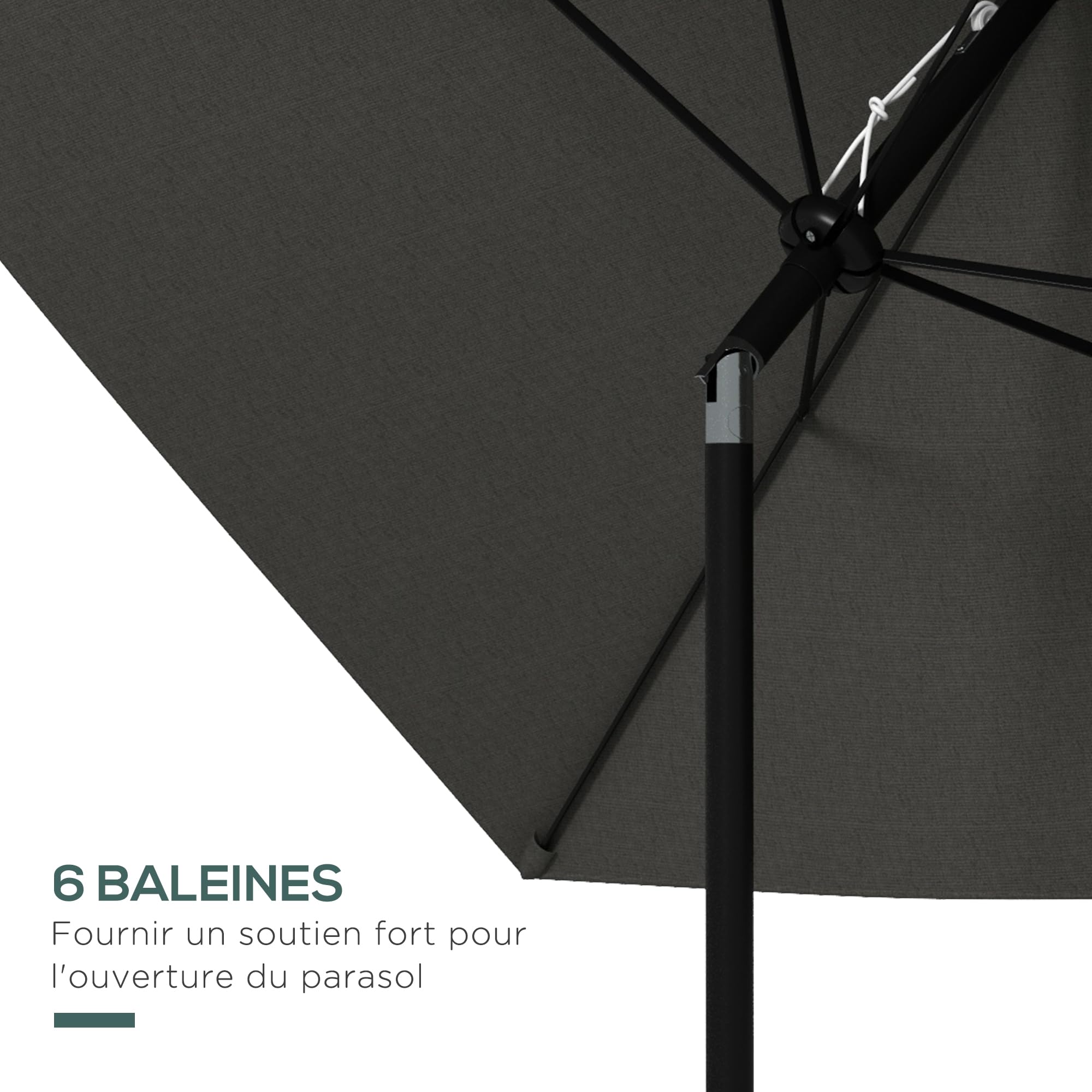 Outsunny Parasol de jardin Parasol droit rectangulaire inclinable 2 x 3 m avec manivelle toile polyester imperméabilisée haute densité 180 g/m² gris foncé