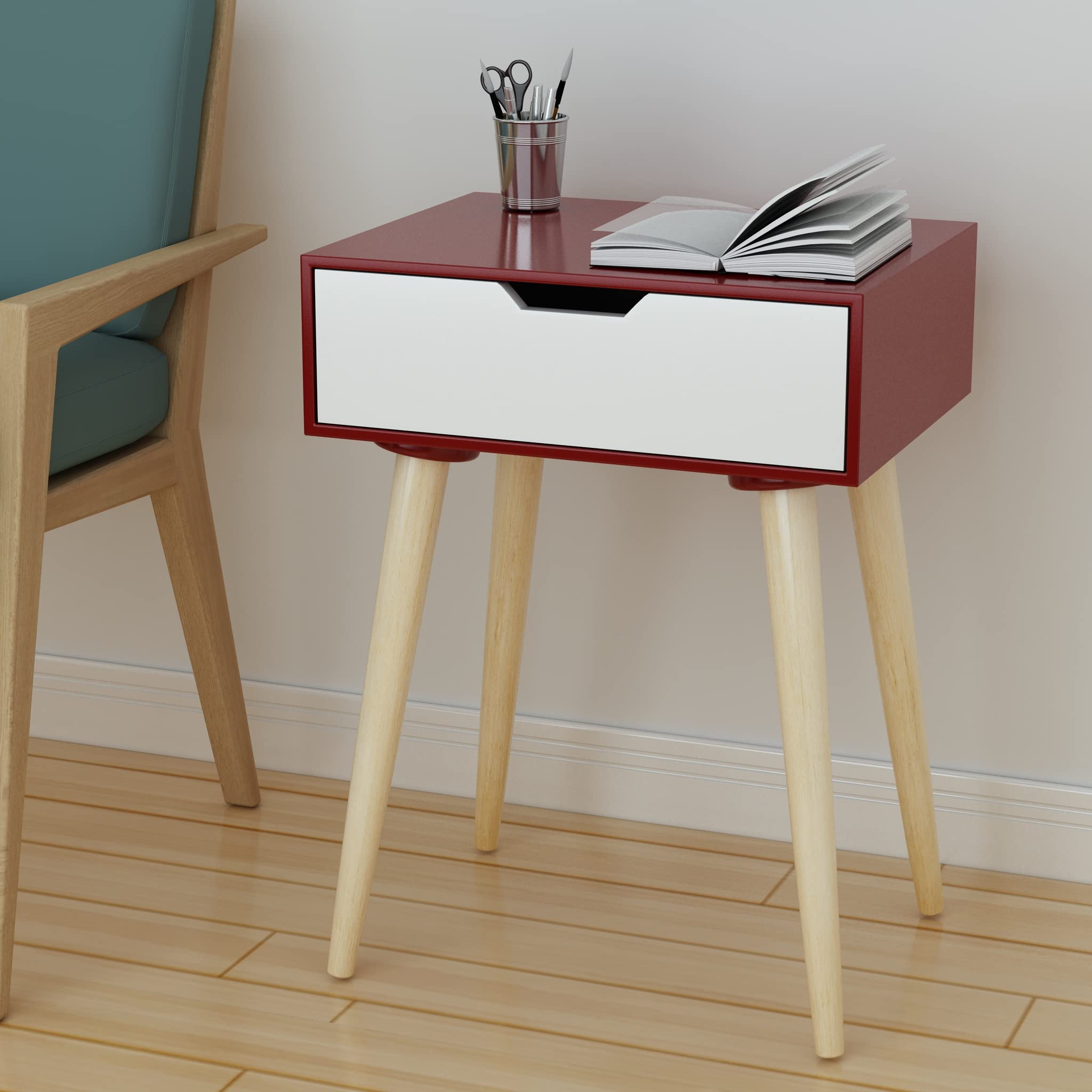 Brown Art SHOPPEE Side Table, End Side Table with Drawer and Solid Wood Legs, Bedside Table for Bedrooms, Mid-Century Modern Storage Cabinet for Living Room Furniture (Brown & White)