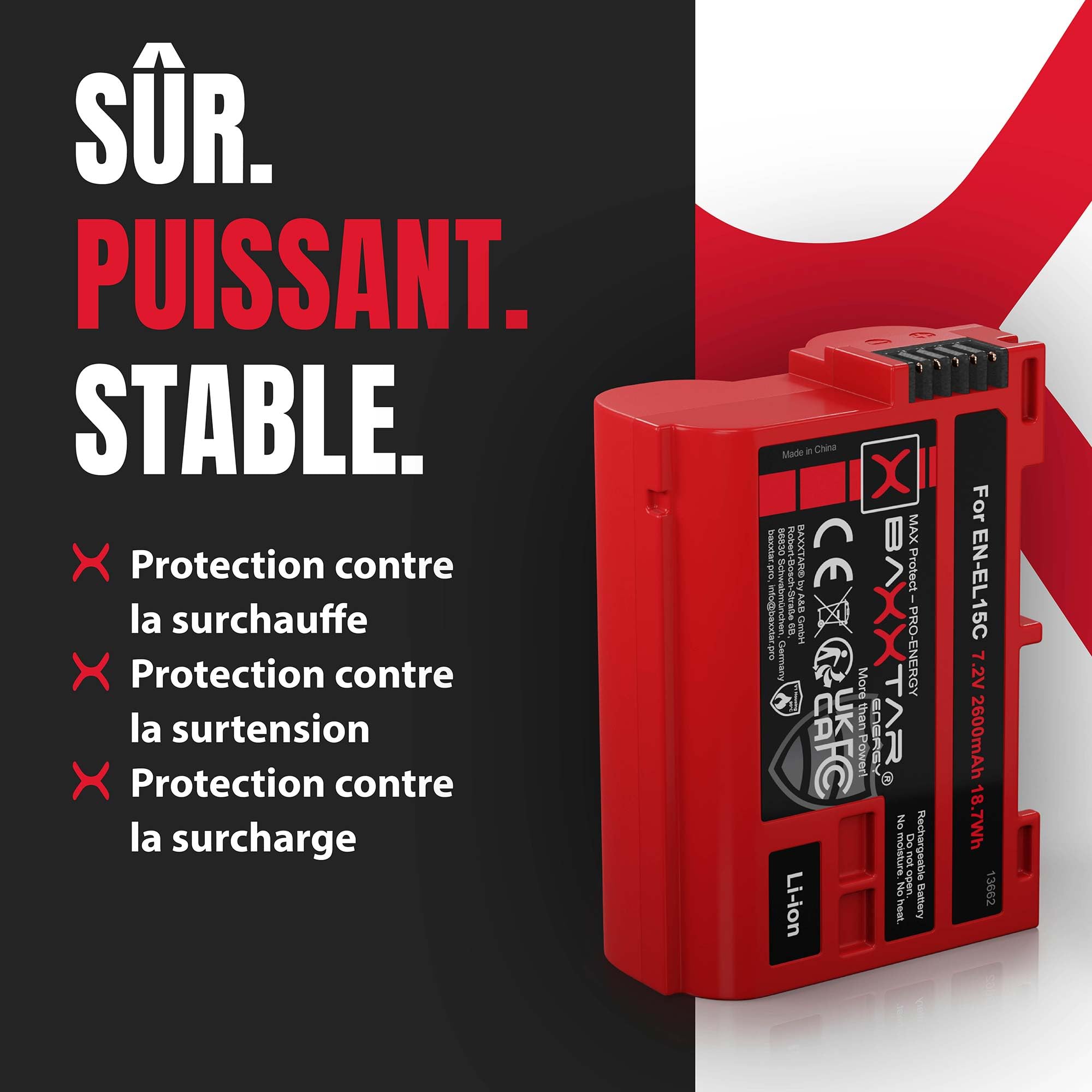 Baxxtar MaxProtect 2X Batterie pour Nikon EN-EL15c EN-EL15b/EL15, 2600mAh
