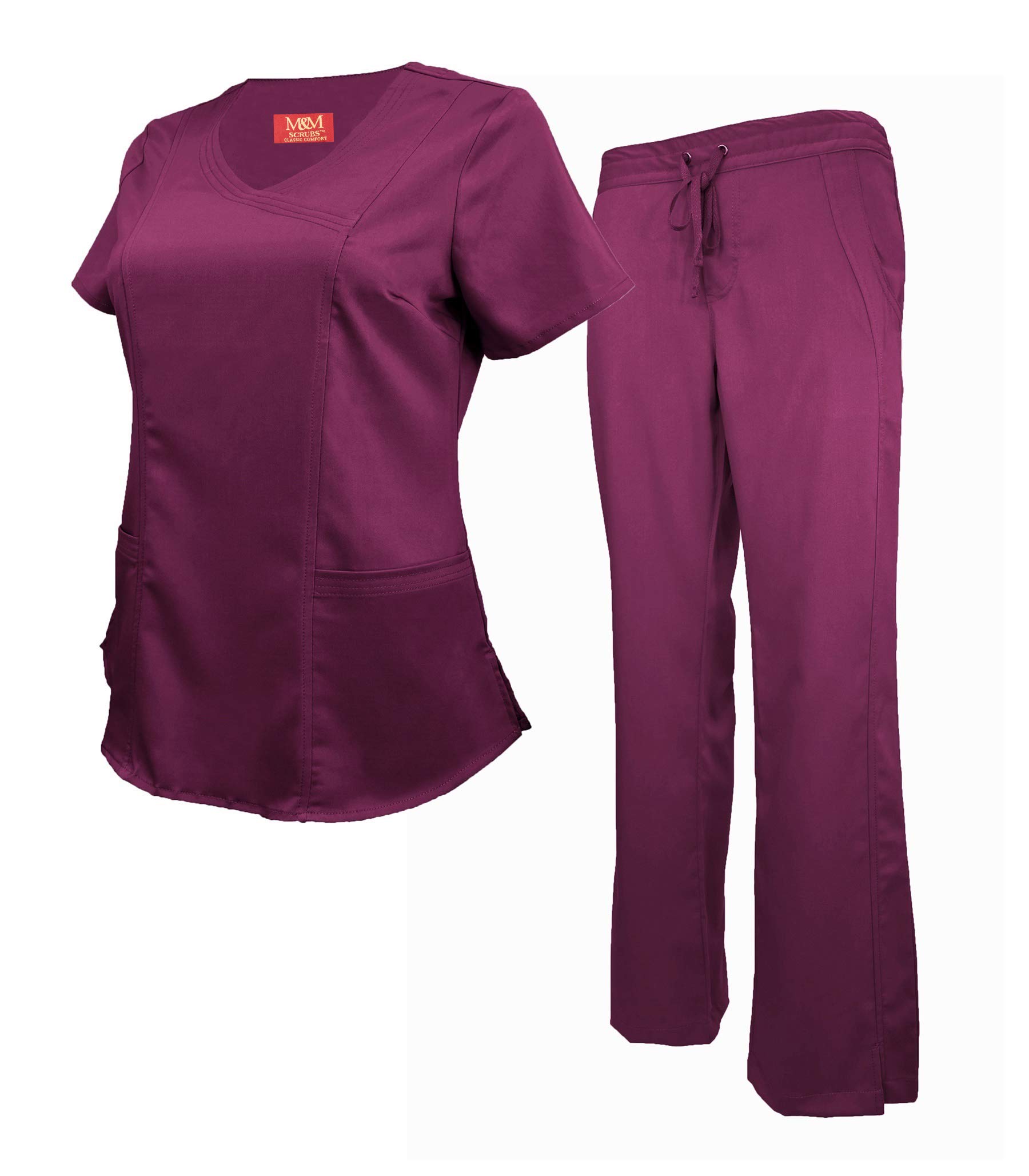 M&M Scrubs Women's Super Soft Stretch Mock Wrap Scrub Set (Large, Burgundy)