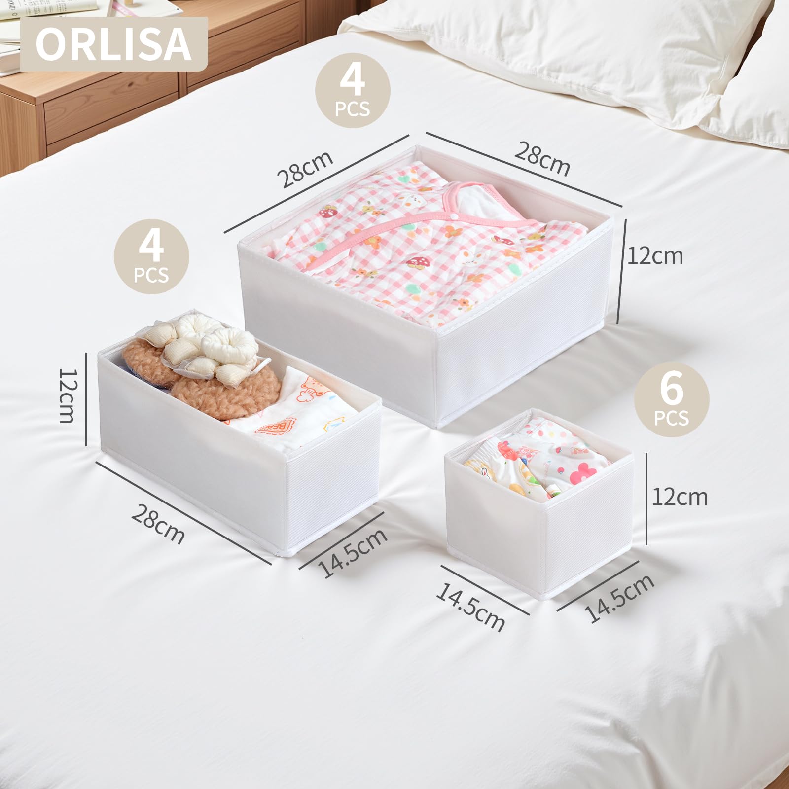Organizador Cajón 14 piezas - Compatible con Cajonera Malm, Cajas de Almacenamiento Plegables de Tela, Separadores para Prenda, Ropa Interior, Calcetines y Bebé - Blanco