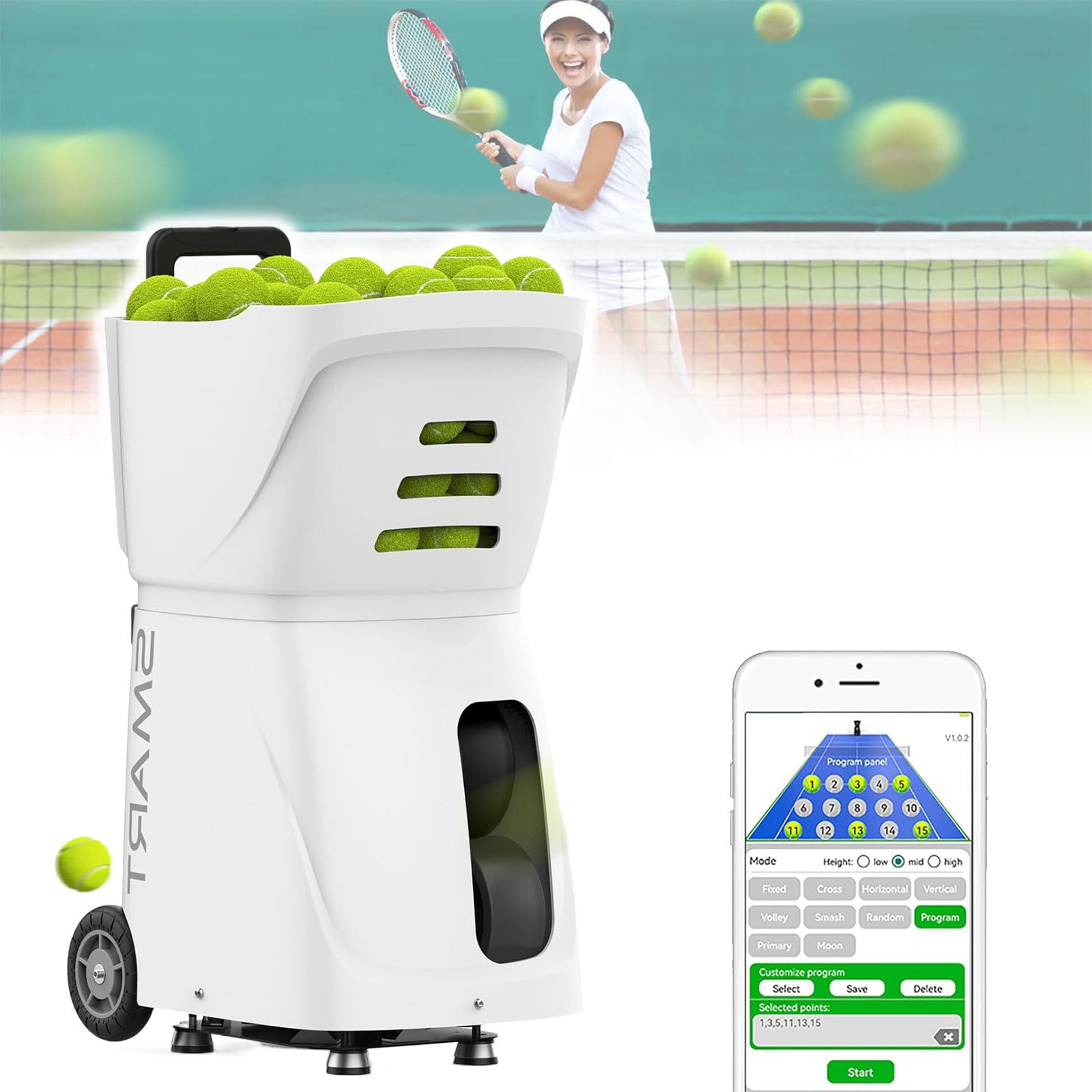 Macchina lanciapalle da Tennis per Allenamento, lanciapalle da Tennis Automatico Portatile, Macchina lanciapalle da Tennis con App/Telecomando, Bianco