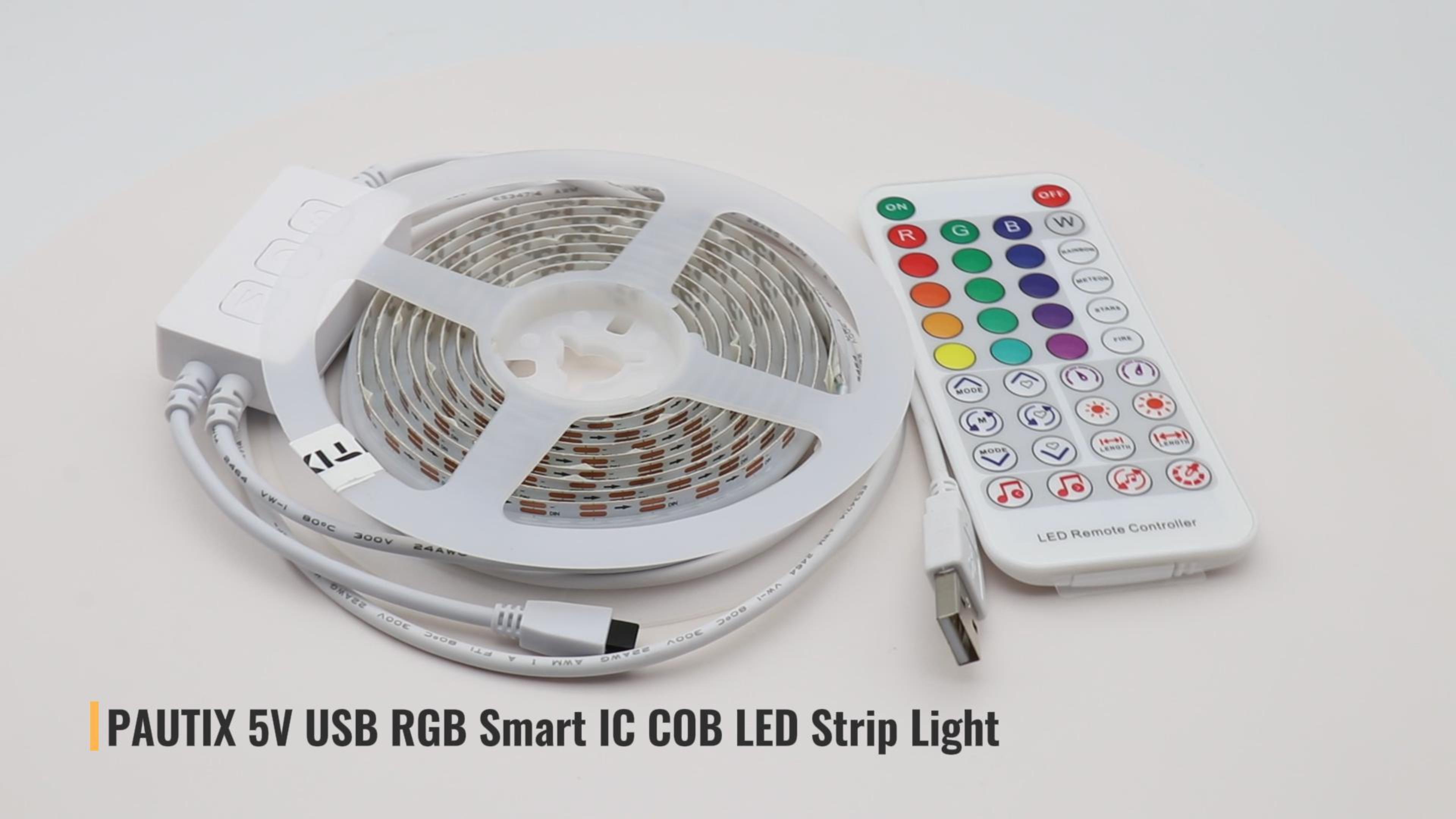 Image of PAUTIX RGB Smart IC USB LED Light,5V RGB COB LED Strip USB Powered,UL-Listed Multicolor Flexible Tape Light 6.56ft /2m with Music Mode /APP Control,for TV,Scooter,Computer Desk Decor