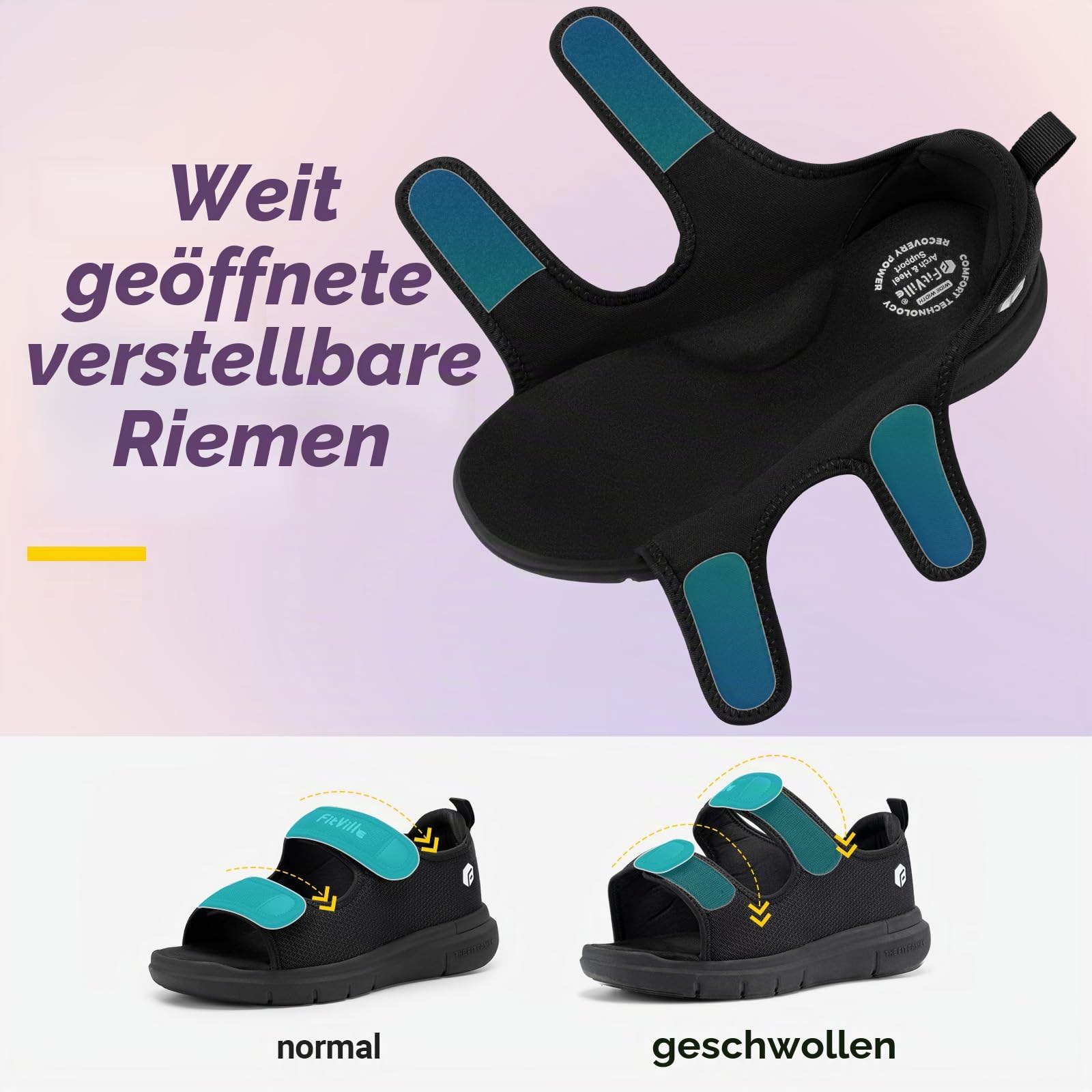 FitVille Weit Offene Diabetiker Sandalen Damen Orthopädische mit Klettverschluss Verstellbare Gesundheitsschuhe Verbandschuhe bei geschwollene Füße Reha-Schuhe Ödeme Hausschuhe