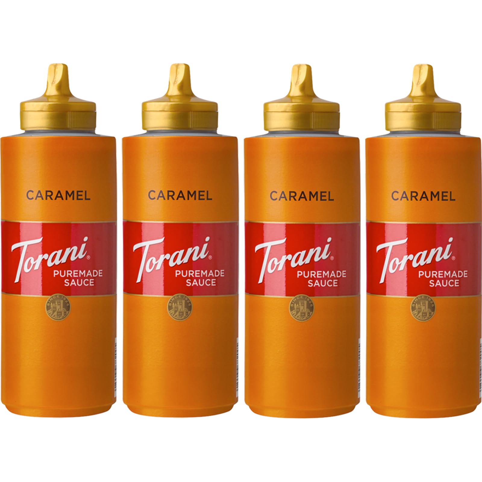 Torani Puremade Caramel Sauce (4 x 468g) – Rich, Buttery Flavour with No Artificial Ingredients – Ideal for Coffee, Milkshakes or Hot Chocolate – Ice Cream Sauce for Desserts, Pancakes & More