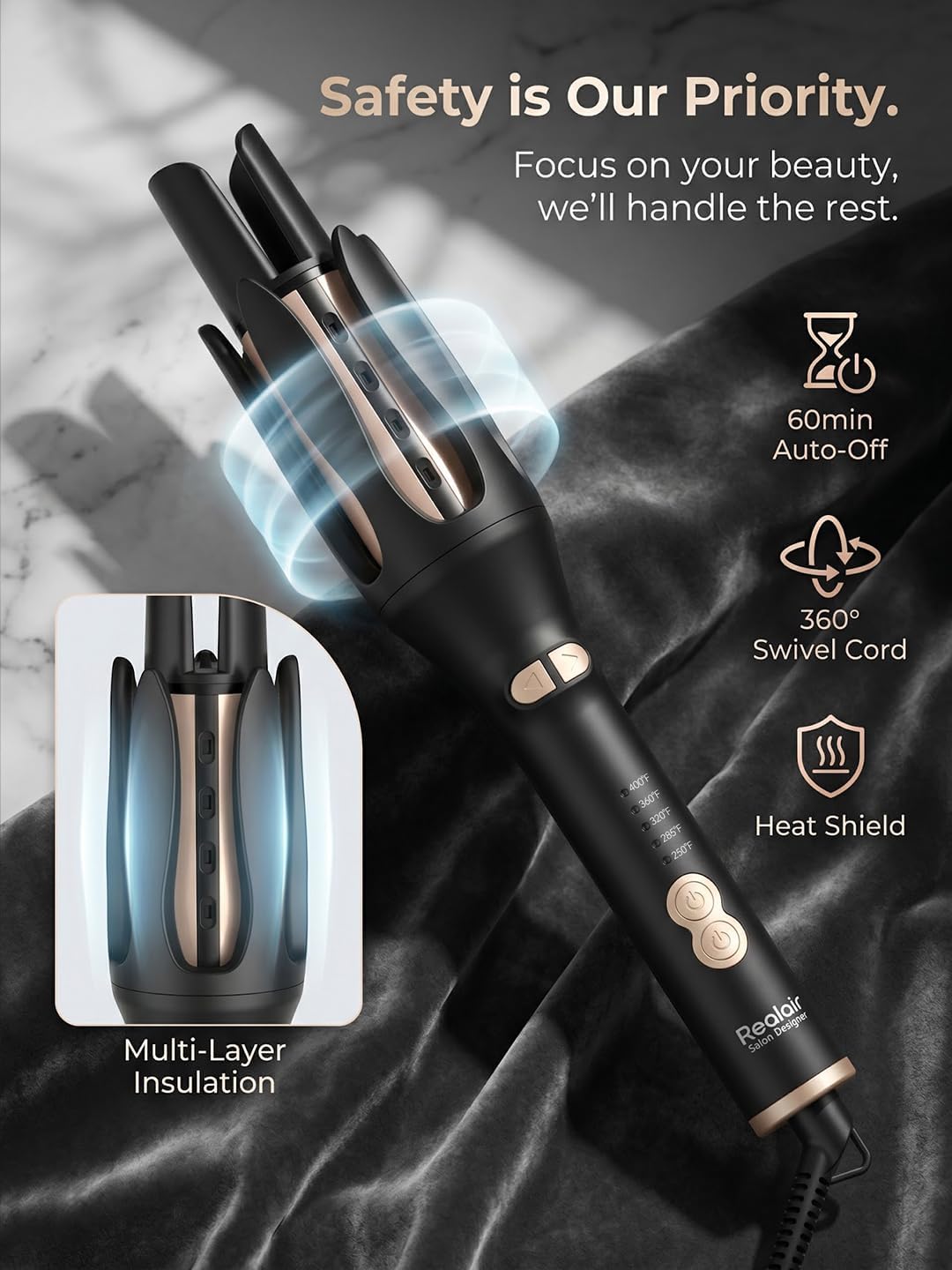 Automatic Hair Curler - Self Rotating Curling Iron with 10M+ Negative Ions, Anti-Tangle Sensor, 5 Temps (250°F-400°F), Ceramic Barrel for Long Lasting Frizz-Free Waves & Curls