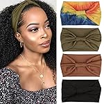 XTREND 4 Pack Wide Bandanas - Fashion Stretch Knotted Elastic Yoga Workout Slip Running Sports Bandanas in Large African Print (Army Green, Espresso, Black)