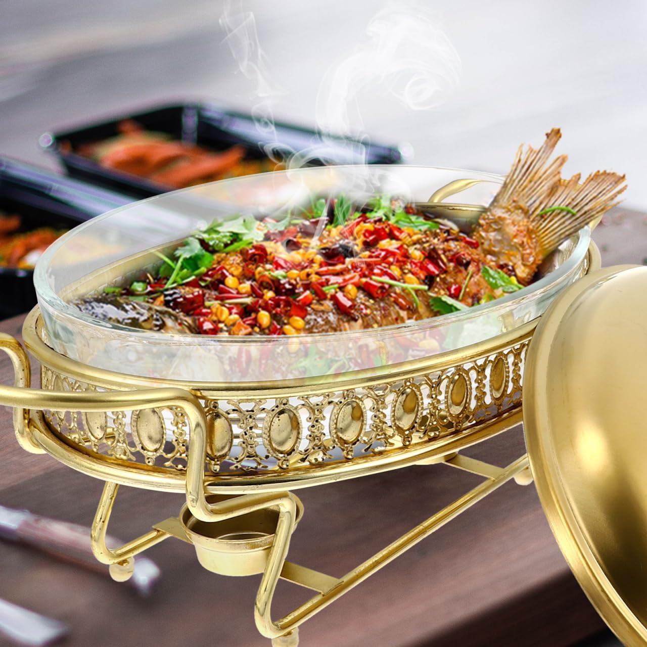 BESTonZON Buffet Stove Food Heating Container with Transparent Lid 15.74 Inch Oval Chafing Dish for Restaurant Catering Party Buffet Serving