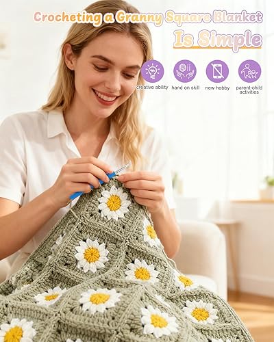 Vista 48 de Coopay Kit de iniciación de ganchillo para principiantes, manta de cuadros de abuela con instrucciones y suficiente hilo (verde aguamarina)