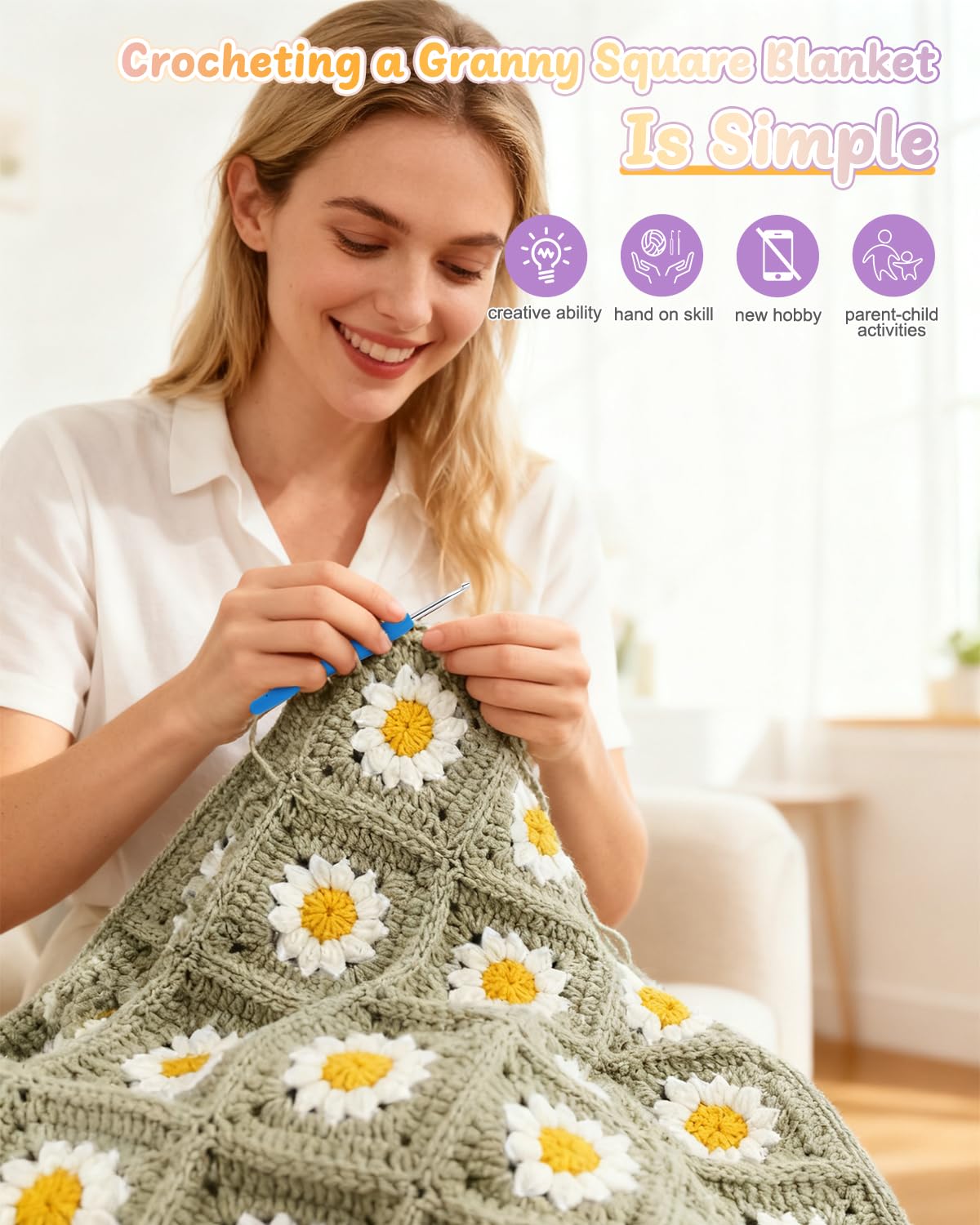 Coopay Häkeldecken-Set für Anfänger, quadratisches All-in-One-Set mit Schritt-für-Schritt-Video und genug Garnen – Meister Oma quadratisch häkeln einfach, ideales Geschenk für Bastelliebhaber (Kamel)
