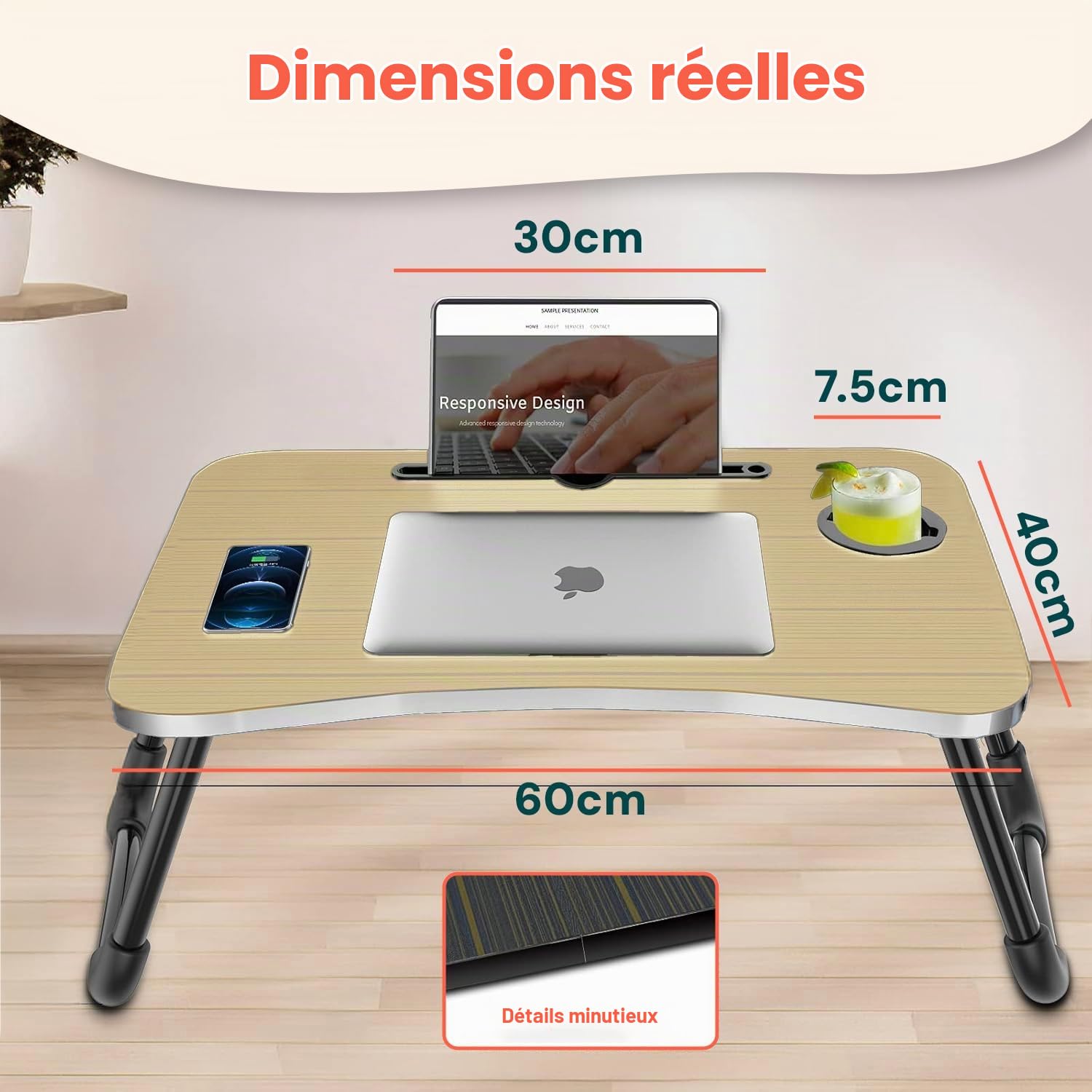 Avilia Table Pliante de lit avec Porte-gobelet et Support pour Tablette, 60 x 40 cm, Noir, Peu encombrant, Facile à Transporter, idéale pour Salon, Chambre, espaces détente et Travail Intelligent