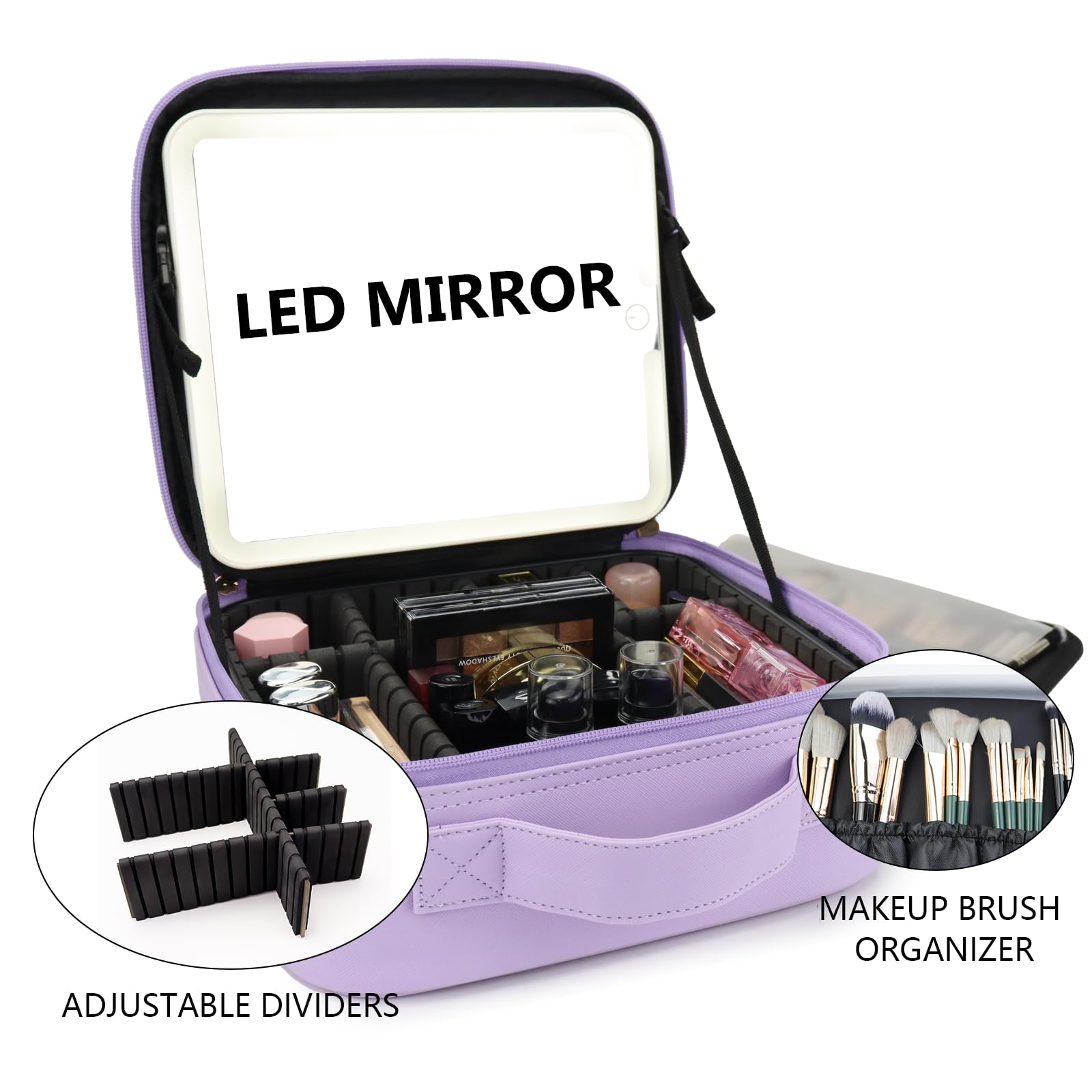 Make-up-Tasche mit LED-Spiegel, Reise-Make-up-Organizer mit 3 beleuchteten Einstellungen, verstellbaren Trennwänden und Make-up-Pinsel-Aufbewahrung, 6-Purple