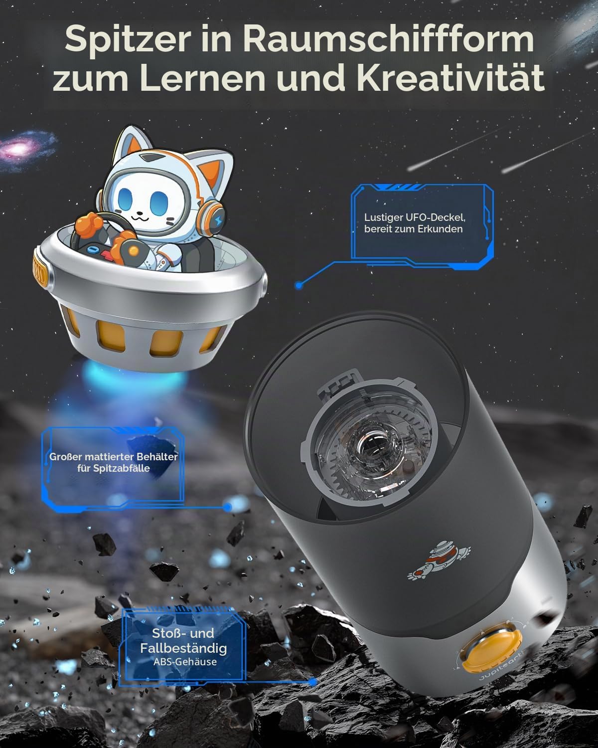JUPITEARTH Vollautomatischer elektrischer Bleistiftspitzer,wiederaufladbarer Bleistiftspitzer mit Behälter für 6,9-11mm Buntstifte,freihändig, tragbar und sicher für Haus, Büro, Schule（Schwarz）