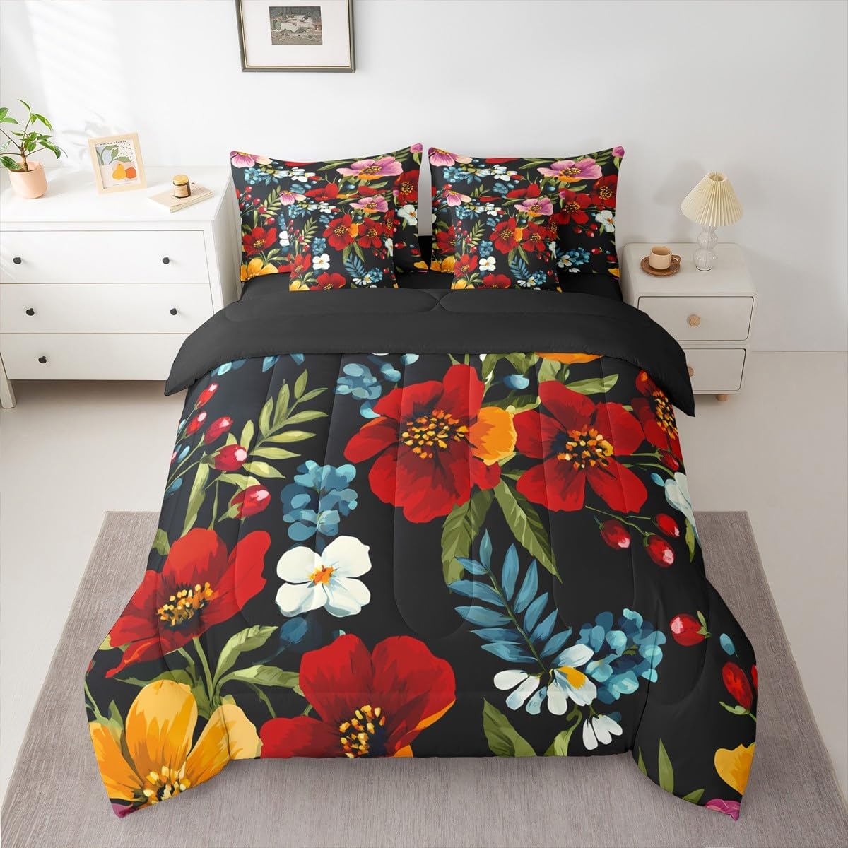 Erosebridal Floral Bedding Set King Watercolor Elegant Flower Comforter Set 7 Piece Farmhouse Botanical Boho Bed in A Bag for Adults Garden Plant Leaves Quilt with Flat Fitted Sheet