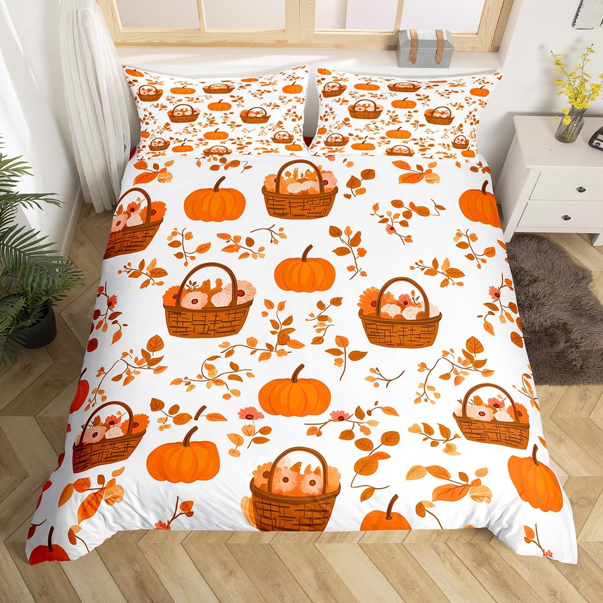 Homewish Thanksgiving Fall Harvest Comforter Set King,Farm Sunflower Pumpkin Comforter Rustic Farmhouse Maple Leaf Bedding Sets for Kids Adults,Autumn Orange Brown Quilt Duvet