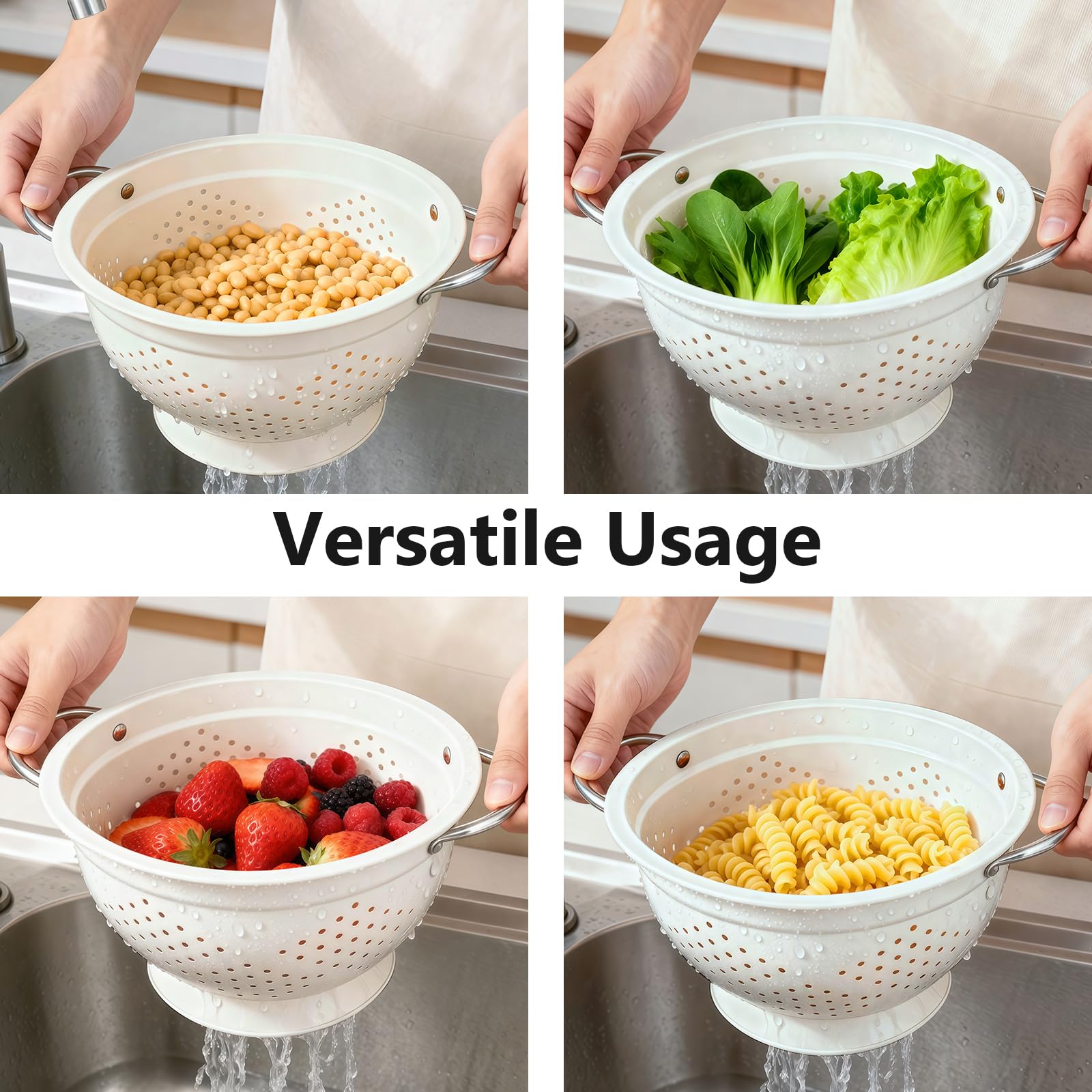 Hillbond Set di 3 colini da 1,5, 3, 5 QT in metallo verniciato a polvere con manici rivettati in acciaio inox e base stabile, per scolare pasta, frutta, verdura, bianco