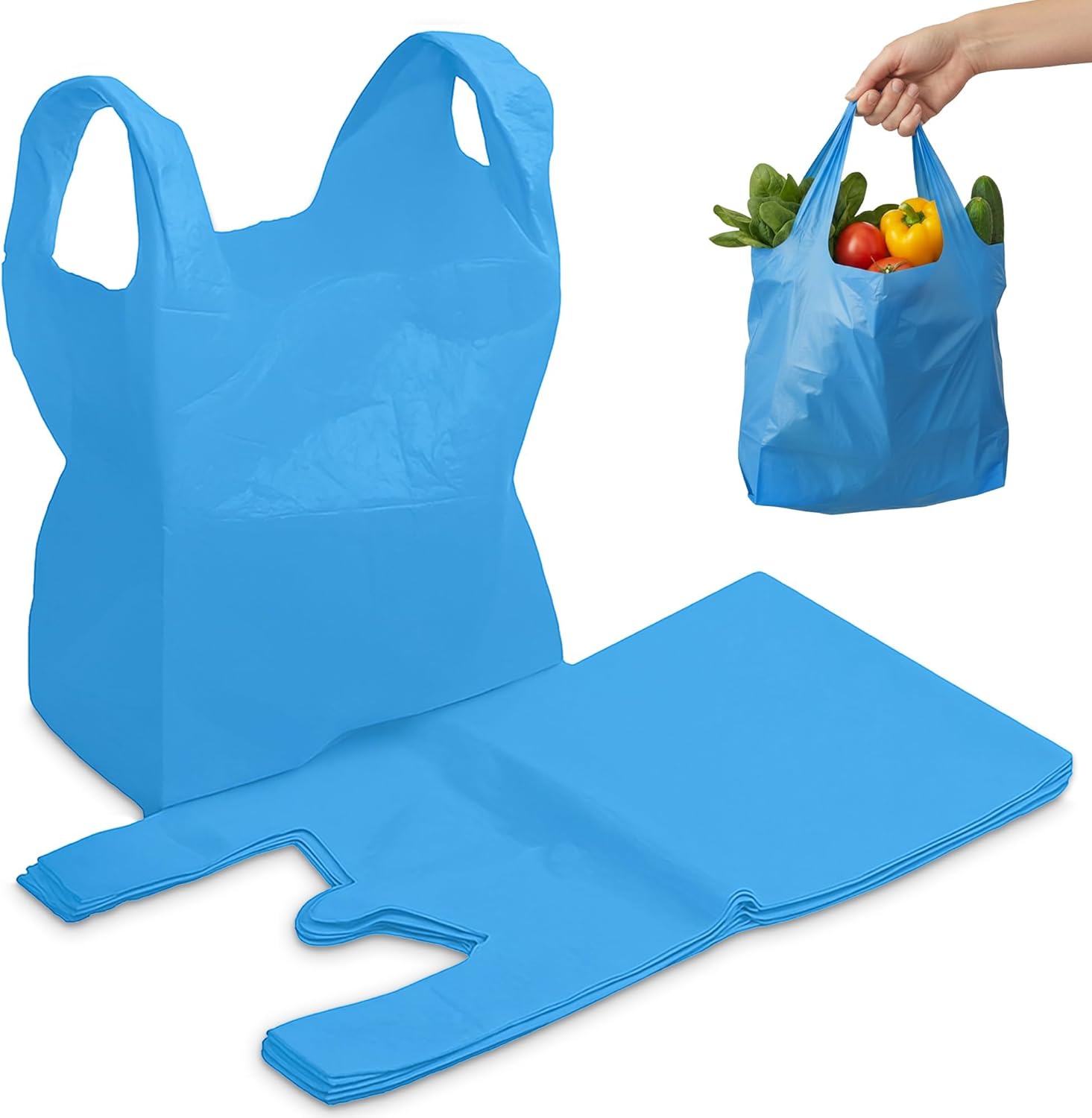 FERRIS 200 Count Large Plastic Shopping Bags with Handles (11″x17″x21″) | Heavy-Duty Vest-Style Carrier Bags for Grocery Stores, Retail, Takeout, Markets & Kitchen Use – Blue