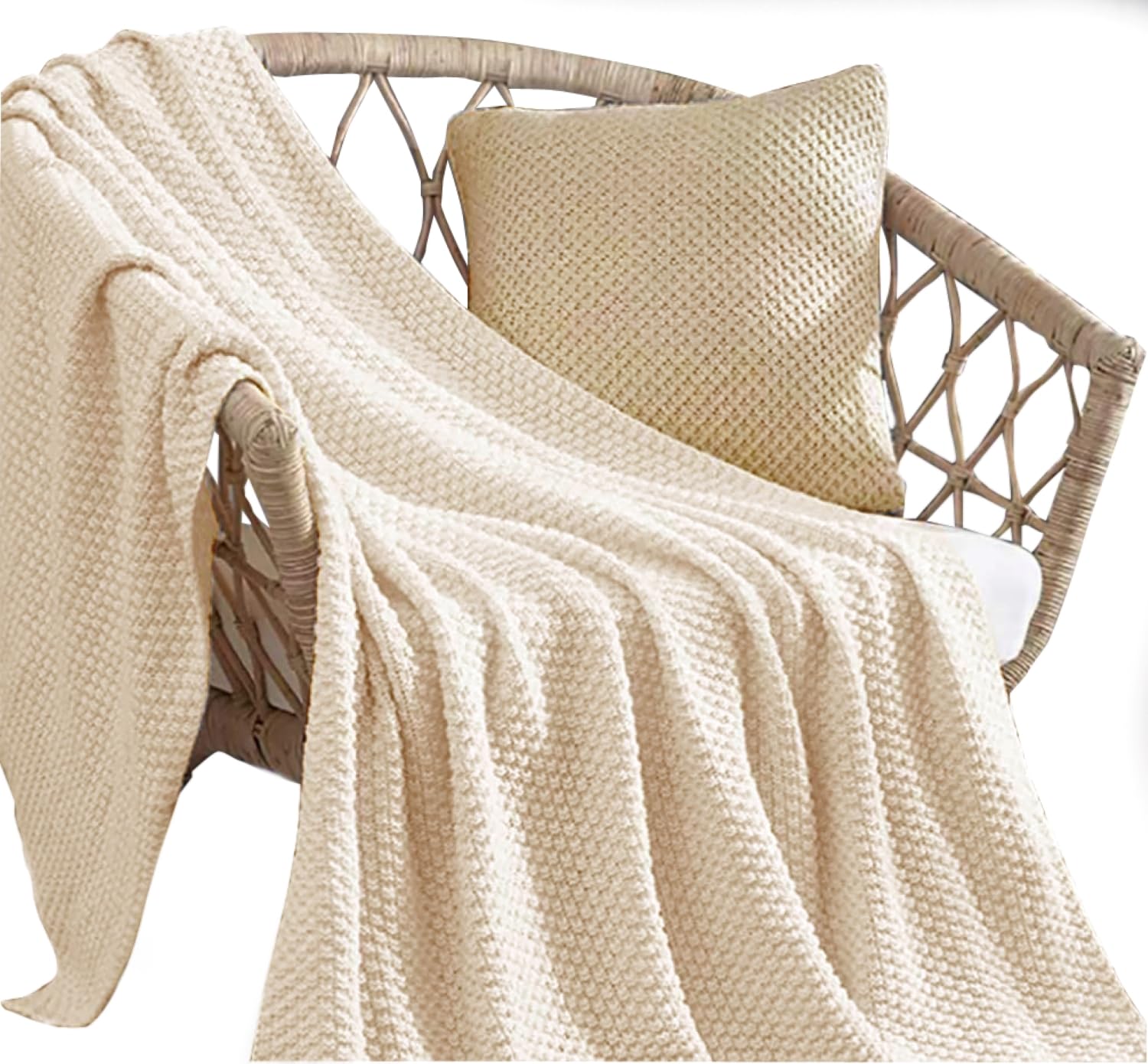 HaraDeco Mantas para Cama Sofá 100% Algodón Tacto Suave, Manta Decorativa para Pie de Cama, Plaid Cubrecama de Punto Fabricado Nacional(Crudo, 170x210cm)