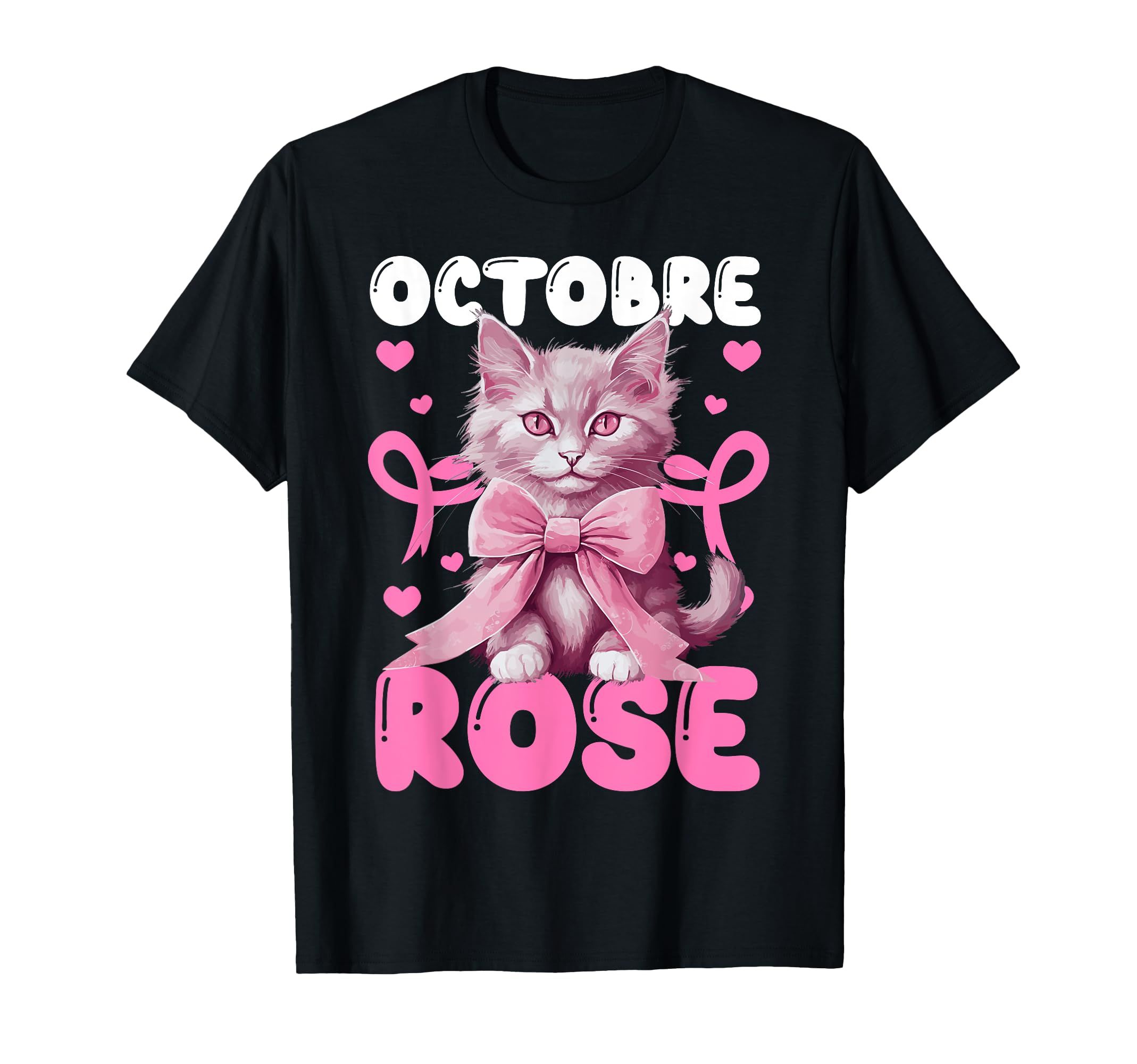T-shirt Octobre Rose Avec Chat Et Ruban - Soutien Cancer Du Sein - Cadeau Pour Survivantes Et Proches