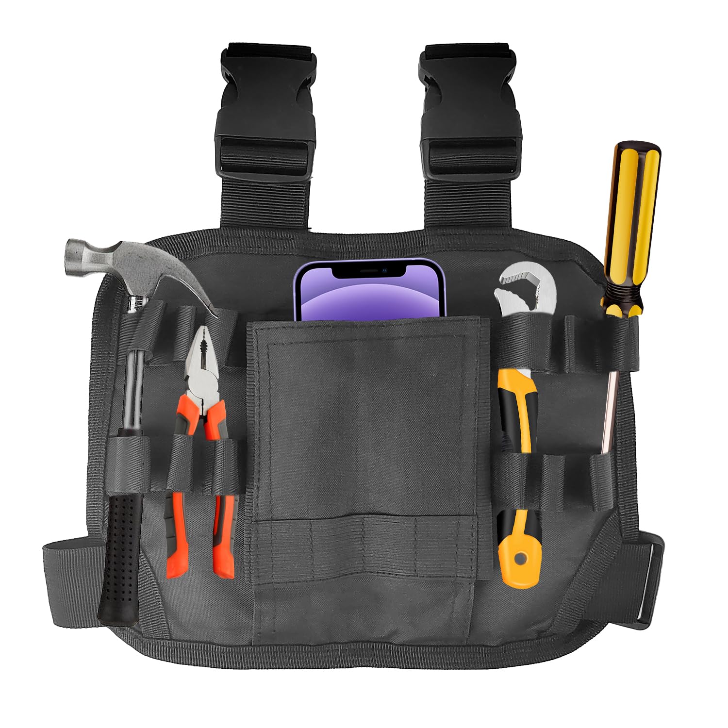 Cintura Porta Attrezzi Da Coscia - Marsupio In Oxford Nero, 25x18cm, Multiple Tasche, Regolabile - Foto 2