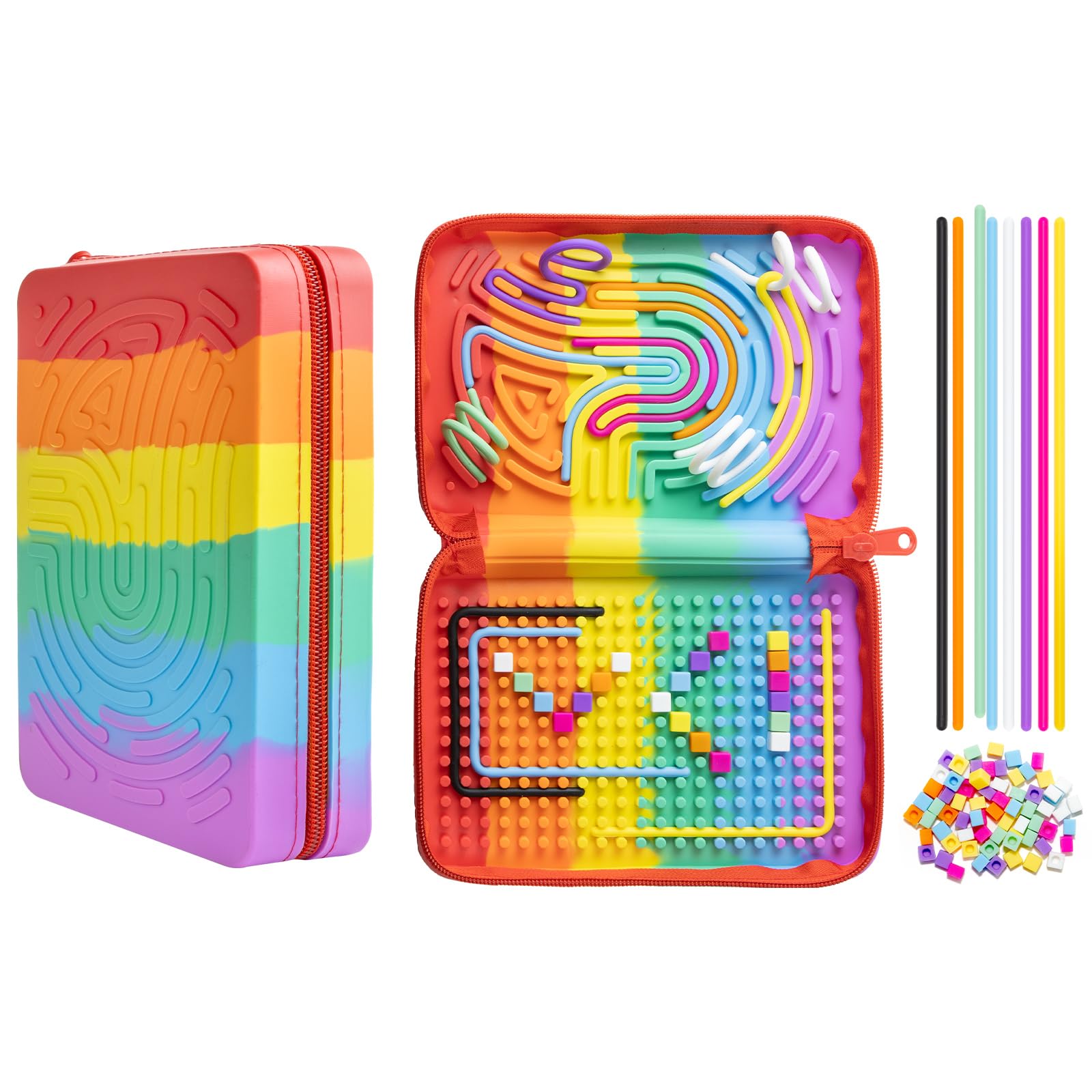 Sensory Activity Board, Silicone Fidget Toys with storage function for Stress Relief, Calming, Focus, ADHD and Autism,10 Colors Sensory Toy Game Controller for Kids 3 4 5 + & Adults with 36 Strings