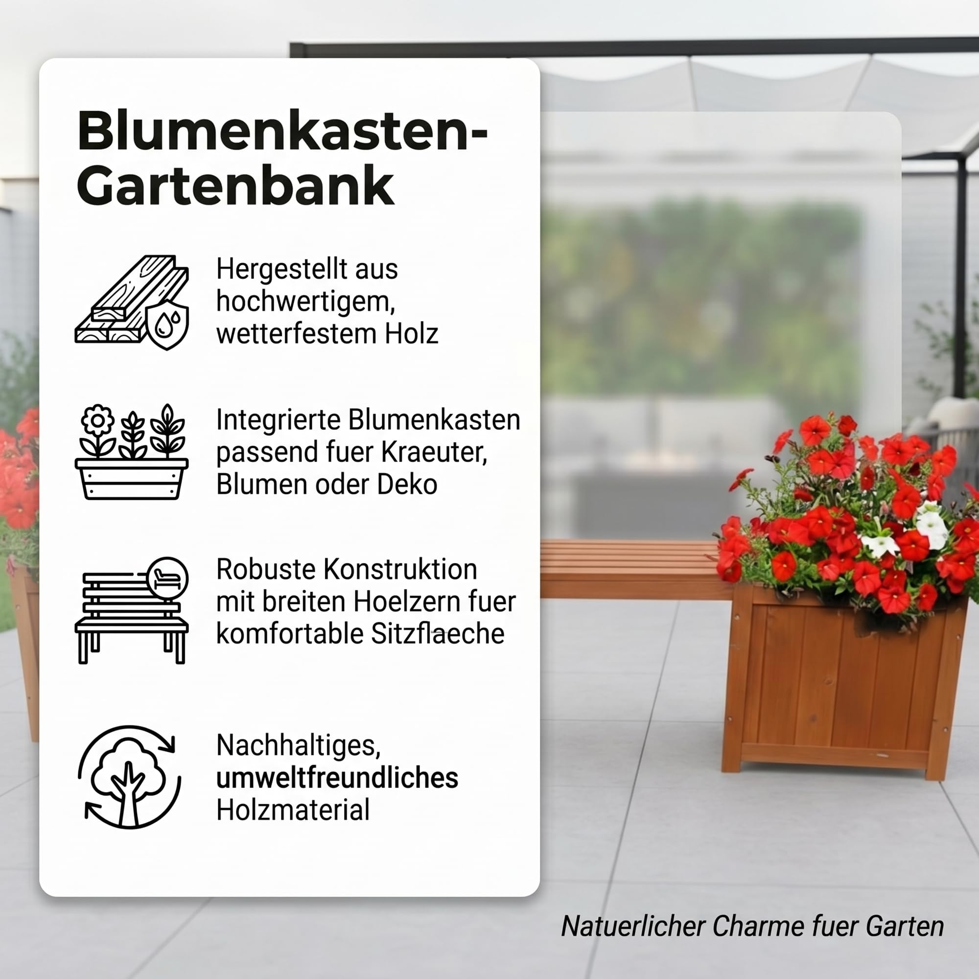 Mucola Gartenbank mit Pflanzkasten 2-Sitzer 180x40x40 cm Holz imprägniert | Sitzbank mit 2 integrierten Blumenkästen, Terrasse, Balkon, Outdoor, warme Maserung, schnelle Montage ohne Spezialwerkzeug