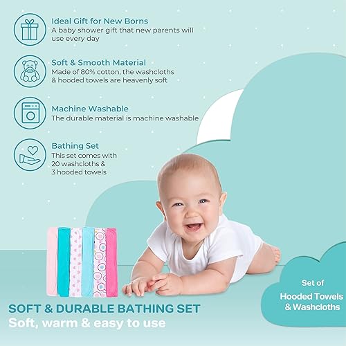 Miniatura 4 de Spasilk Baby - Juego de toallas con capucha y paños de baño para niñas y niños recién nacidos (23 unidades) Azul,León gris,Puntos