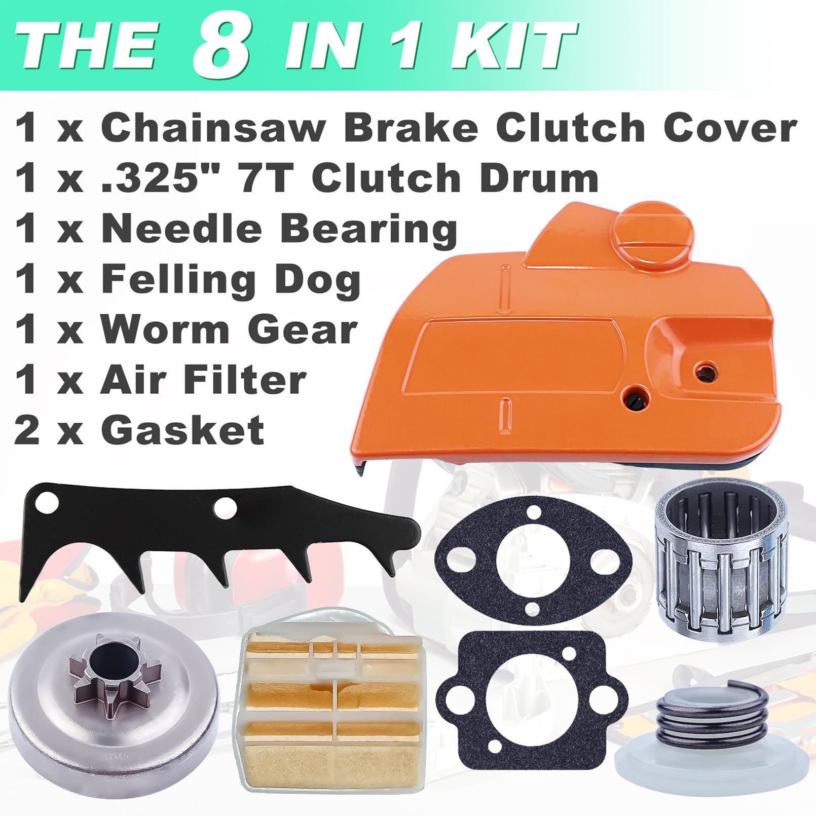Cubierta de embrague de freno Kit Para Husqvarna 445 450 con tambor de embrague 7T de .325 ", engranaje helicoidal, filtro de aire, cojinete de agujas 544097902, 578097901