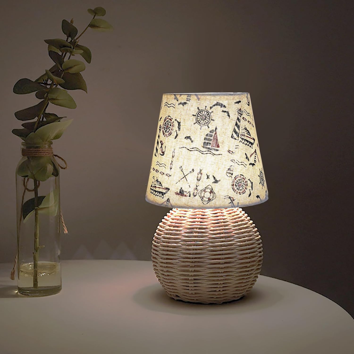 Vintage Small Wicker Lamp, Rattan Body Fabric Lampshade, Adjustable Light Color and Brightness with Power-Off Memory, Safe USB Powered, Boho Style Night Light for Bedroom Living Room (Voyage)