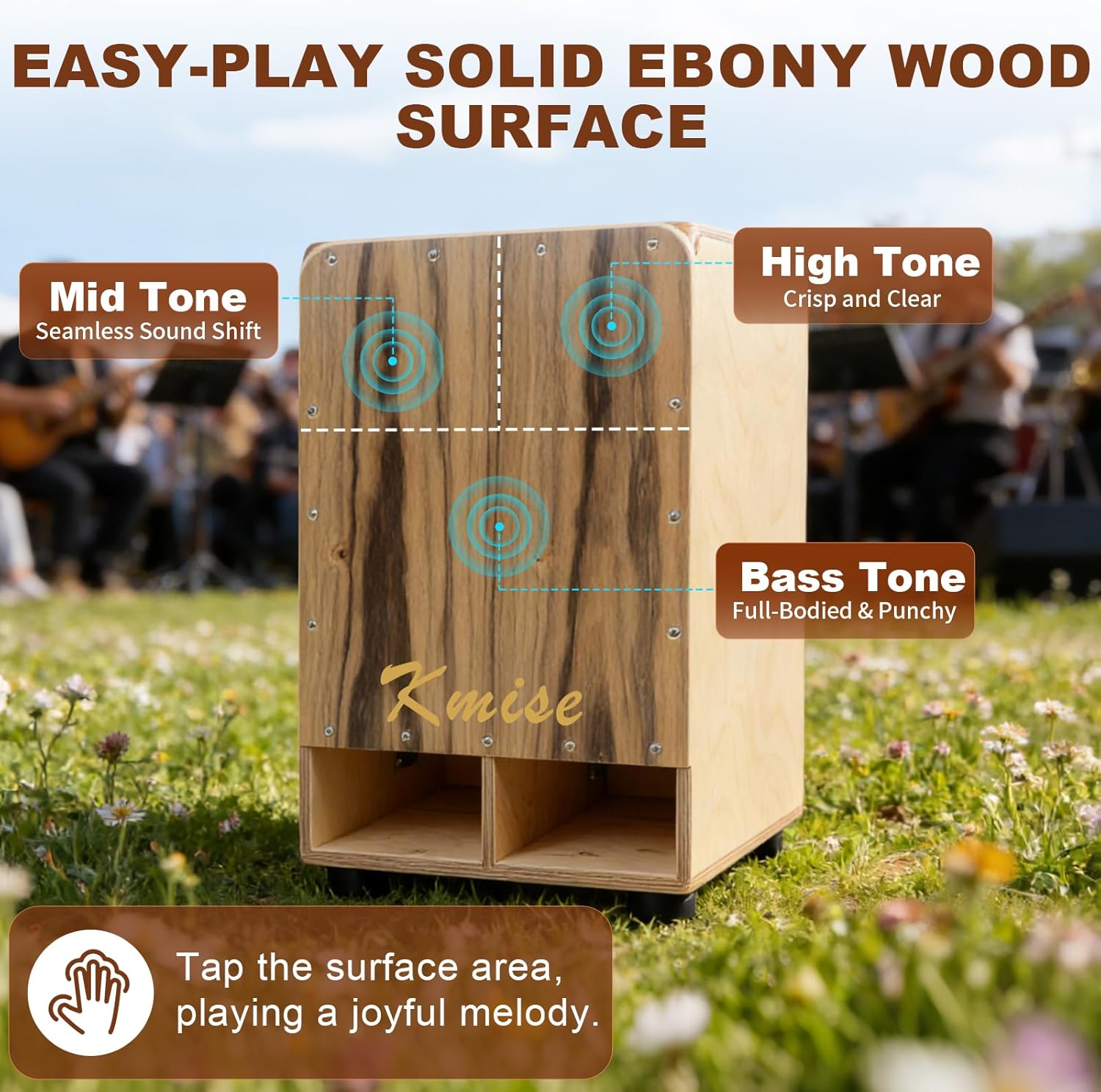 Kmise Portable Cajon Drum Box, 11.8×12.2×19.6" Adjustable Snare Cajons Drums, Solid Ebony & Birch Wood, Percussion Instrument Gift for Adults Kids, With Carry Bag,for Home Live Performance Practice