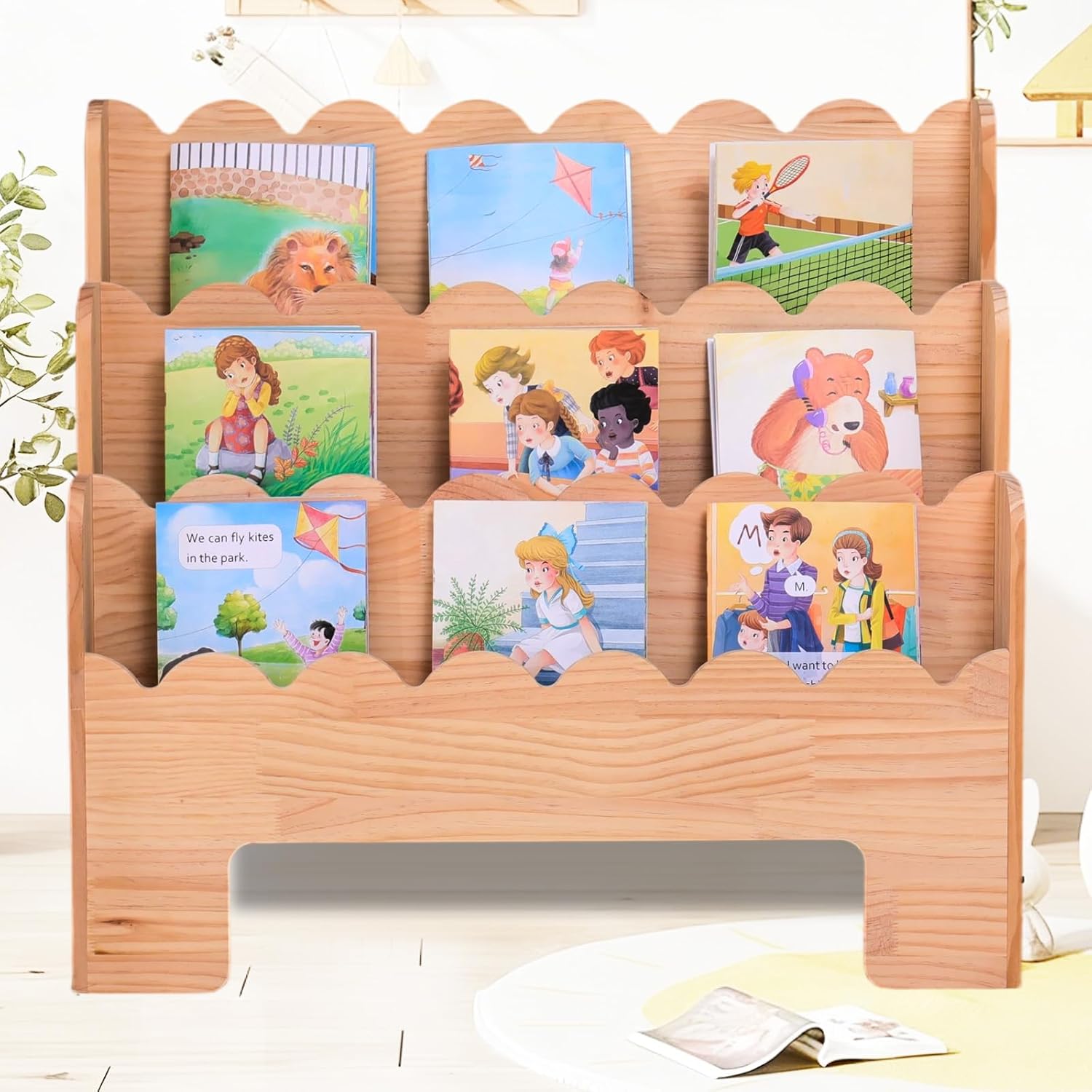 Wooden Kids Bookshelf 3-Tier, Front Facing Toddler Montessori Bookshelf，Scalloped Book Shelf for Kids Rooms, Baby Nursery Book Shelves Classroom Bookcase