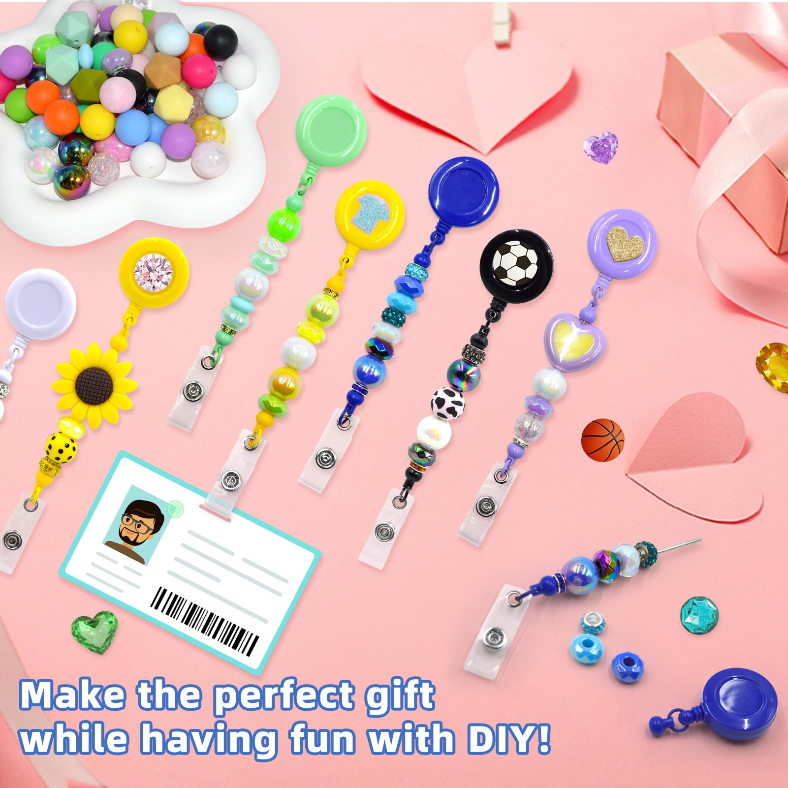 Kit de fabrication de 60 bobines de badges colorées à perles vierges – Enrouleur de badge rétractable avec clip de ceinture pour nom d'identité, cadeau à faire soi-même pour infirmières, enseignants