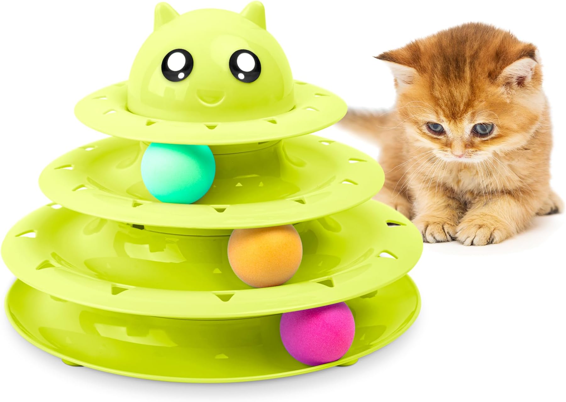 – FurDreams Cat Roller Ball Toy Interactive - Green | 3 Tier Tower Fun Ball with 3 Colour Balls | 3 Level Teaser with Play Balls | Puzzle for Exercise and Stimulation