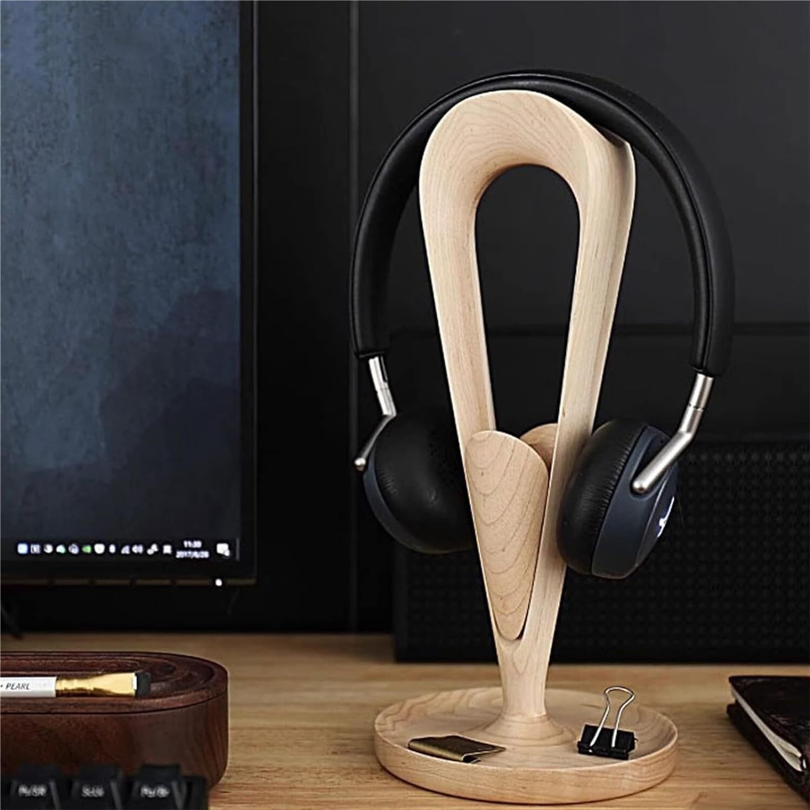 Supporto per Cuffie con Gancio in Legno di Noce e Acero per scrivania, Ufficio, PC da Gaming.