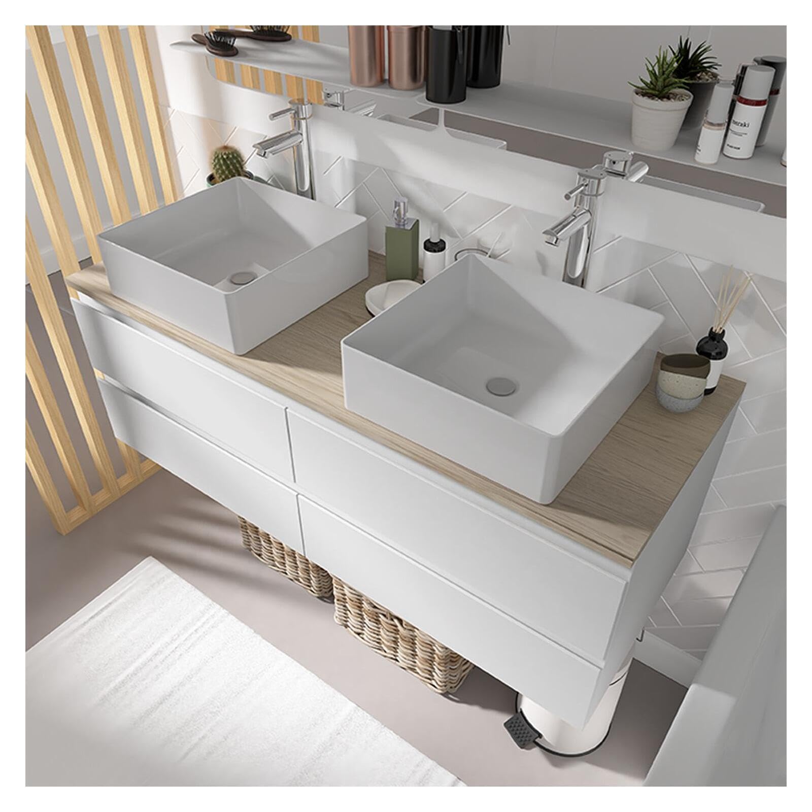 MOB-IN Set mobile doppio lavabo bianco 120 cm + 2 lavabi + 2 specchi + 2 rubinetti + colonna Sorrento