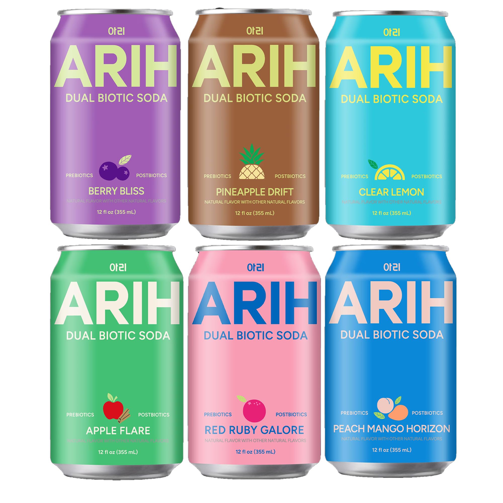 ARIH Dual Biotic Soda Variety Pack, Assorted Low Sugar Soda, 12 fl oz Cans, 6 Pack