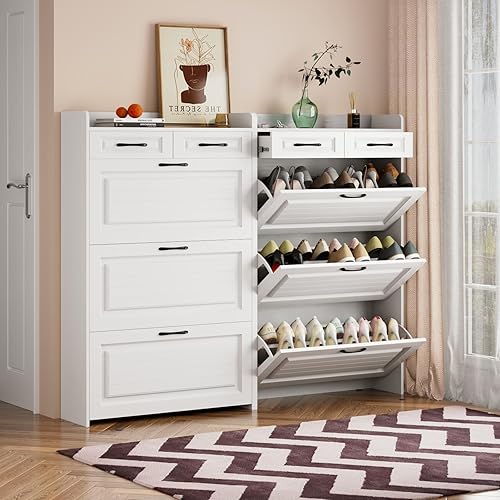 Miniatura 4 de Gabinete de zapatos oculto para entrada, zapatero estrecho con puertas y cajones, gabinete de almacenamiento delgado de 4 niveles, cajón abatible de