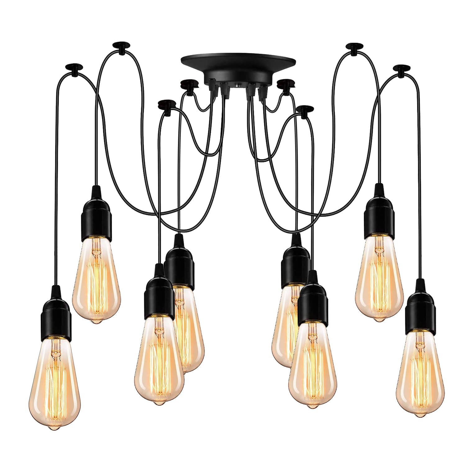 Spider Ceiling Lamp, 8 Arms Adjustable Black Rustic Chic Chandelier Hanging Light (Each 5.9Ft/1.8M), Industrial Vintage Spider Pendant Lighting Fixture for Bedroom Kitchen Cafe Hotel(No Bulb)