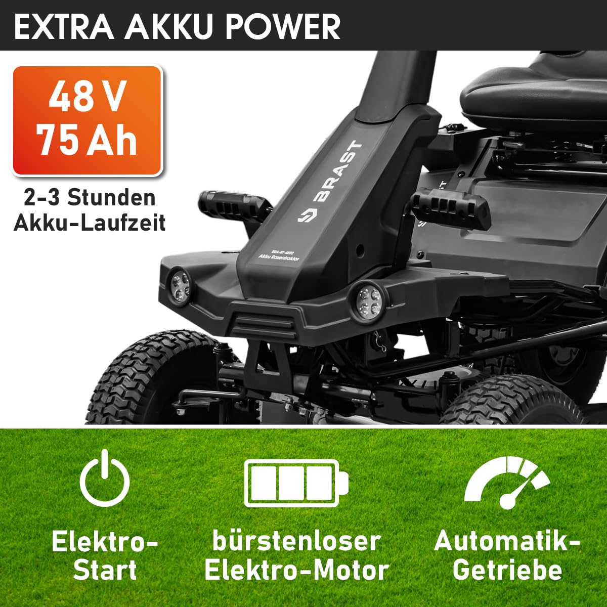 BRAST Akku Rasentraktor Aufsitzmäher | 48V - Elektroantrieb mit 75Ah Batterie | Elektrostart | XXL Schnittbreite 92cm | 4in1-Funktion | 150L Fangkorb | für große Rasenflächen 1.000-5.000 m²